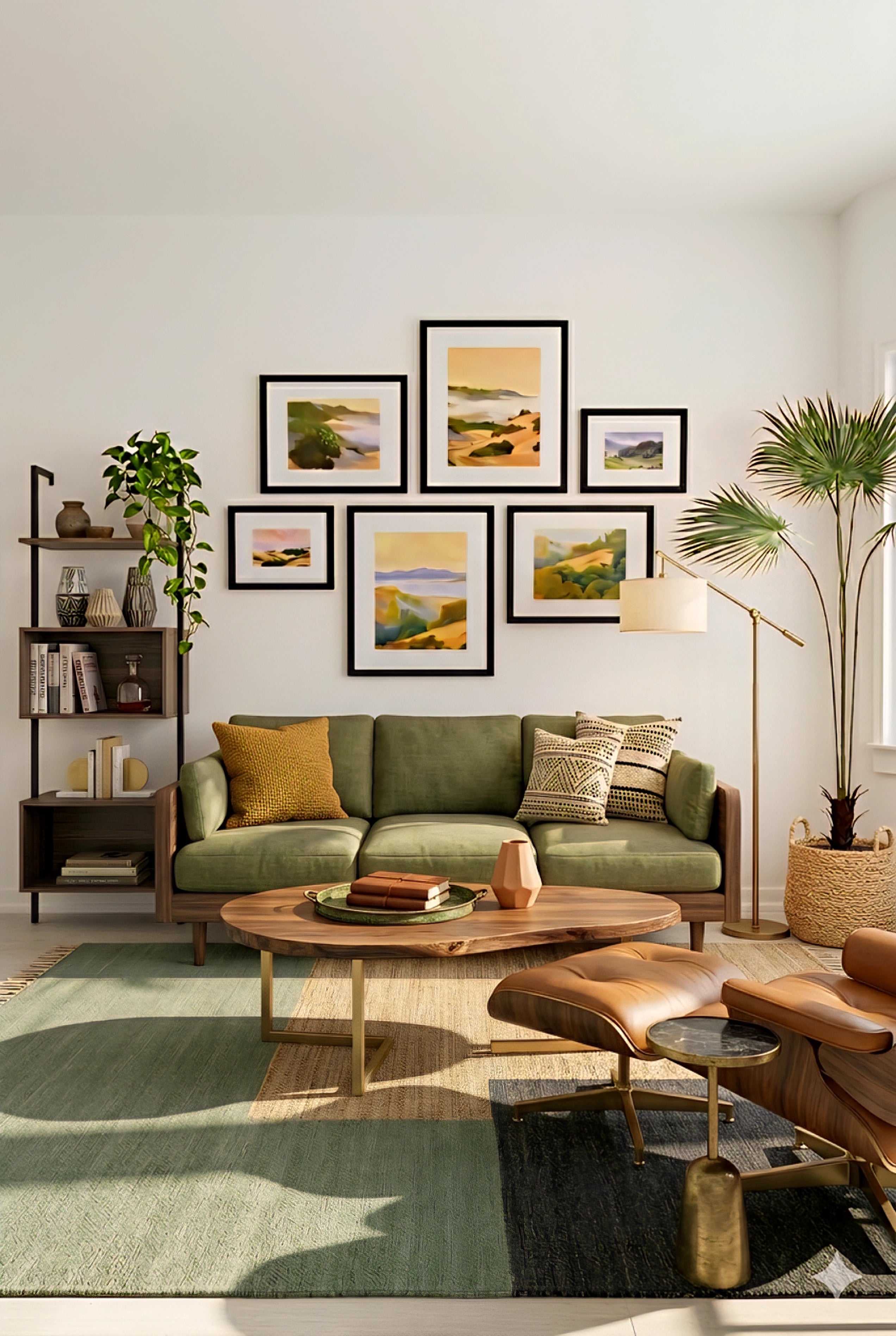 Neutral landscape gallery wall set of 7 printable art prints in warm earthy tones arranged above a sofa, modern living room wall decor bundle with black frames and layout guide for an easy designer look