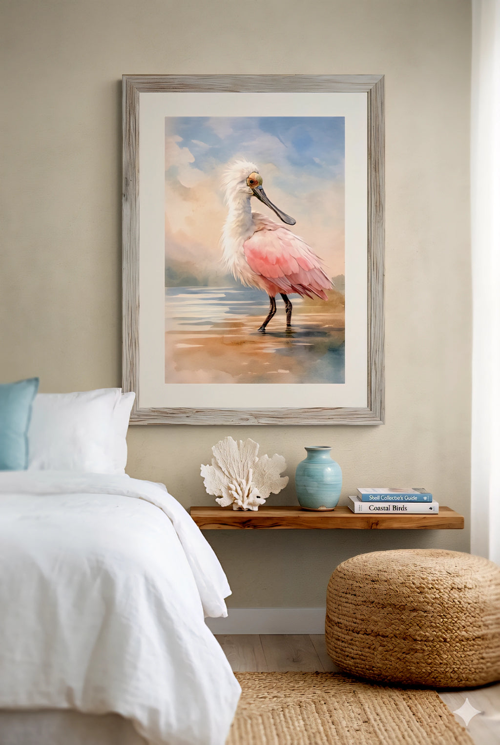 Digital downloaded painting of a pink spoonbill on a wall above a bed in a coastal bedroom.
