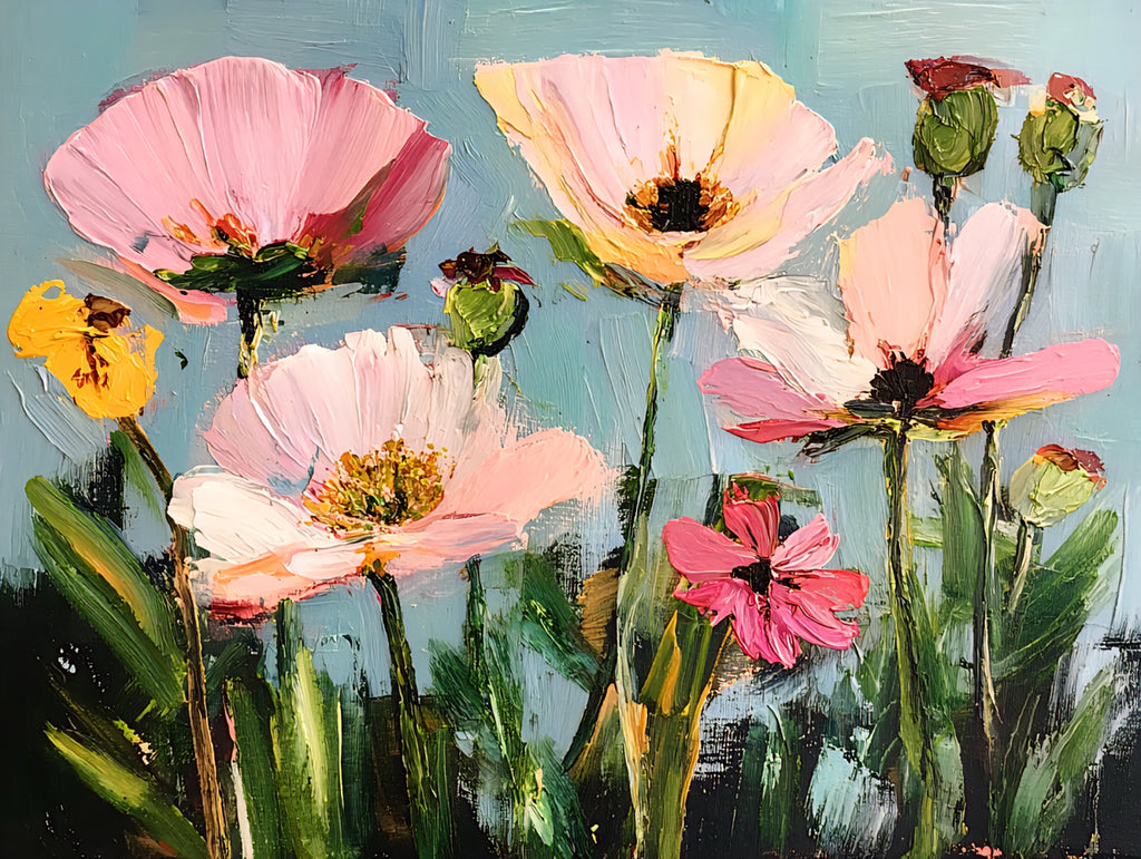 Colorful floral painting with pink, yellow, and green flowers on a blue background