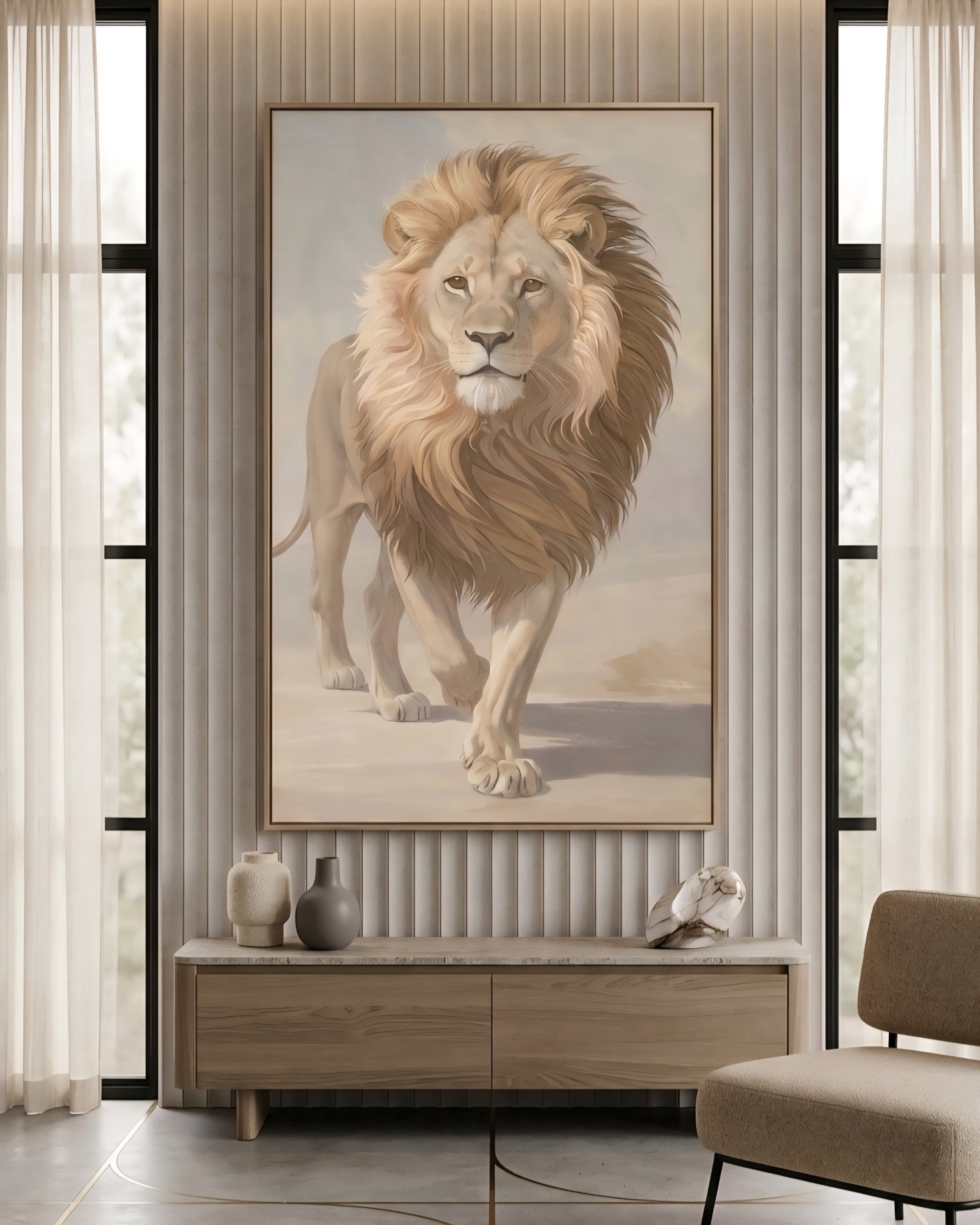 Lion wall art printable displayed in elegant living room interior, neutral safari animal digital download wall decor printable up to 60 inches.