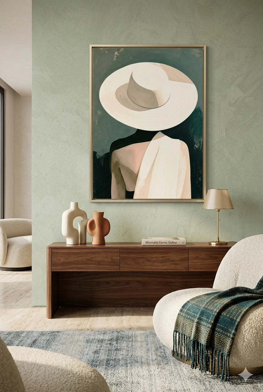 Minimalist woman with hat wall art in modern living room with green walls and wood console, neutral portrait styled above cabinet