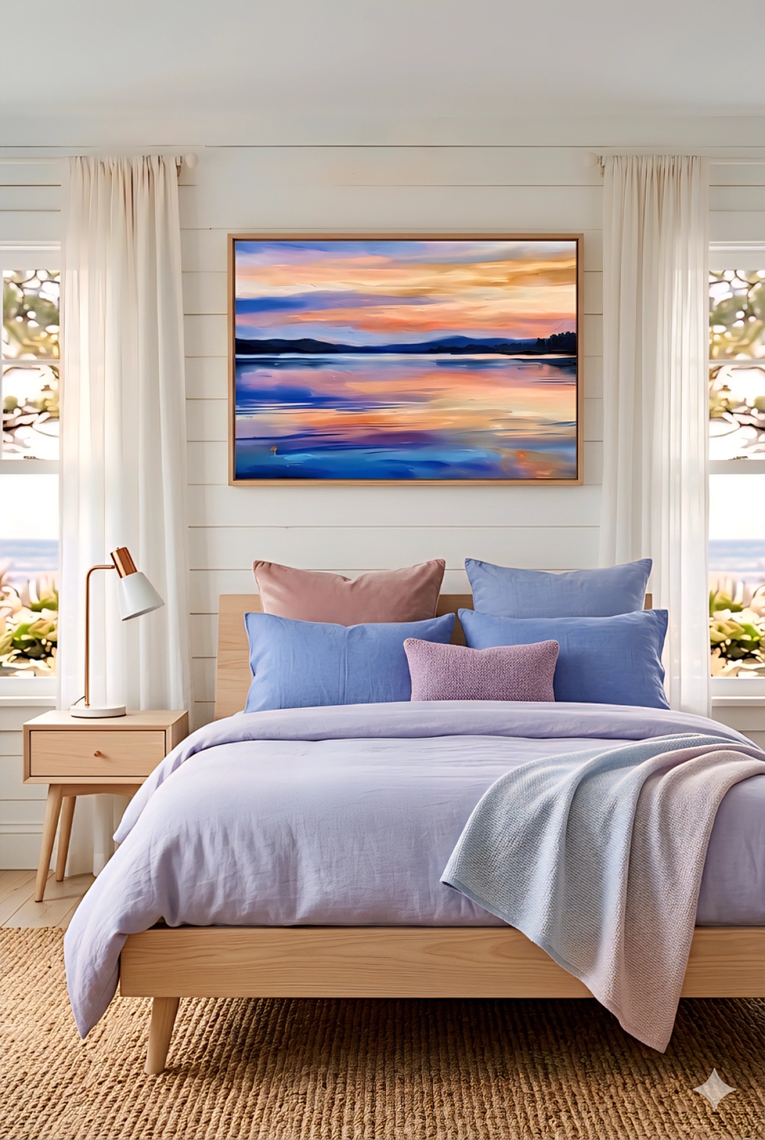 Framed colorful abstract sunset lake wall art above bed in bright modern bedroom, printable digital download decor