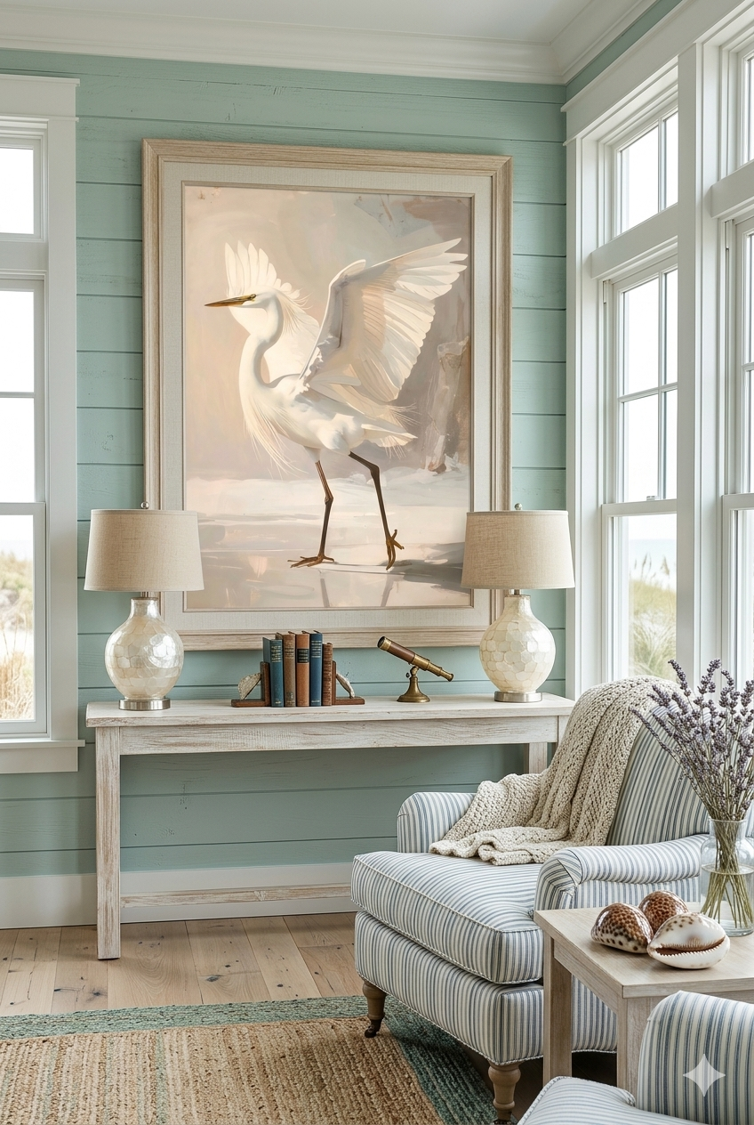 Warm neutral egret digital print in blue living room 