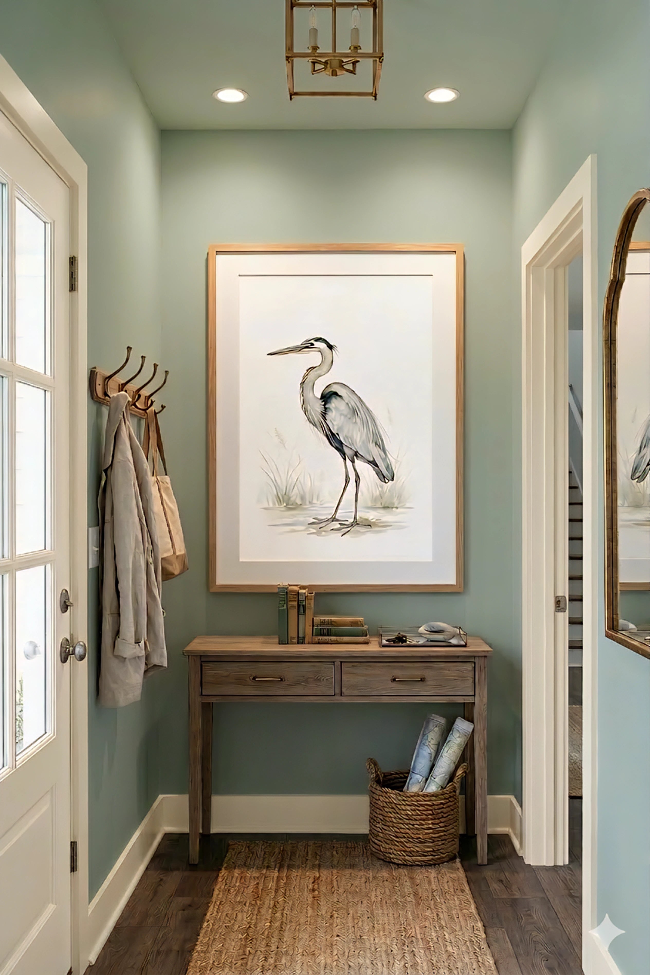 Neutral heron wall art in soft coastal entryway decor
