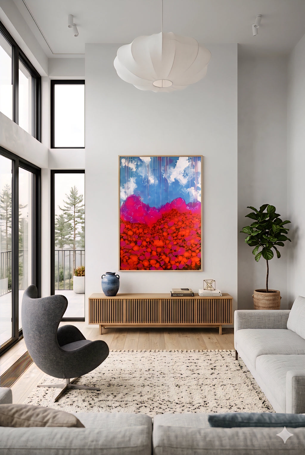 Large colorful abstract landscape wall art in vertical format displayed above slatted wood console in bright modern living room with high ceilings, neutral furniture, and natural light, printable digital download