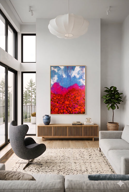 Large colorful abstract landscape wall art in vertical format displayed above slatted wood console in bright modern living room with high ceilings, neutral furniture, and natural light, printable digital download