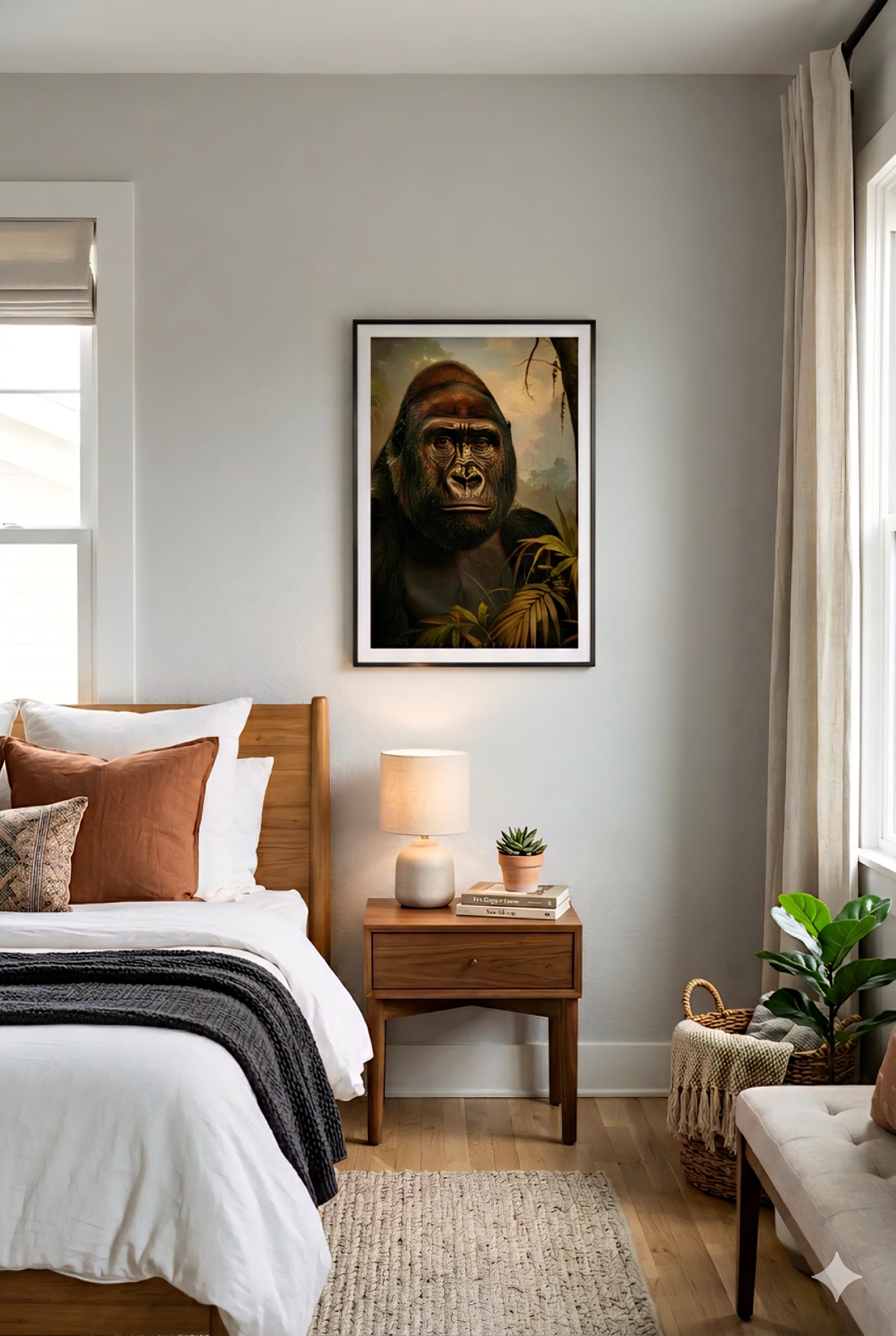 Framed gorilla portrait digital wall art styled above wood nightstand in cozy neutral bedroom with warm lighting and natural textures