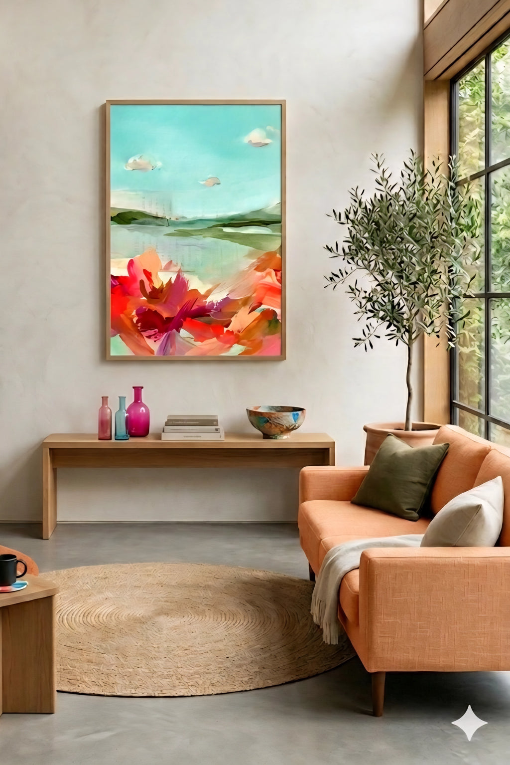 Abstract coastal landscape wall art in aqua and coral tones, modern vertical printable art in light wood frame styled in cozy living room with warm decor and natural light