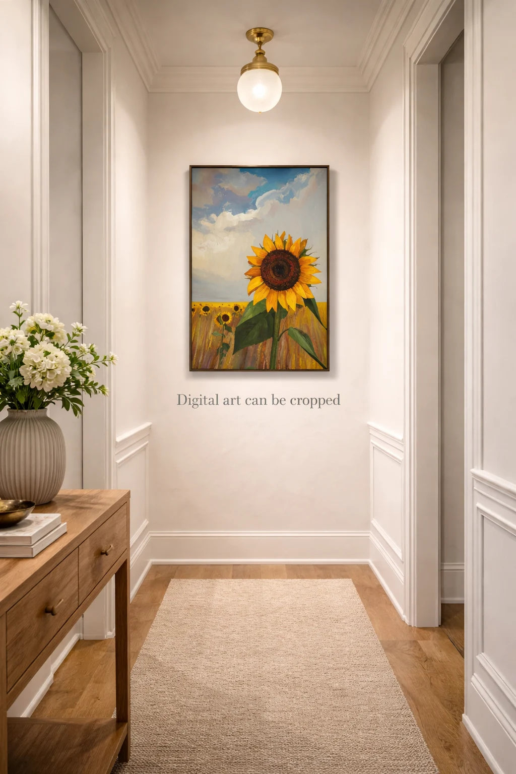 Savvy Places sunflower wall art print in a bright field landscape styled in a hallway with clean neutral decor and soft lighting.