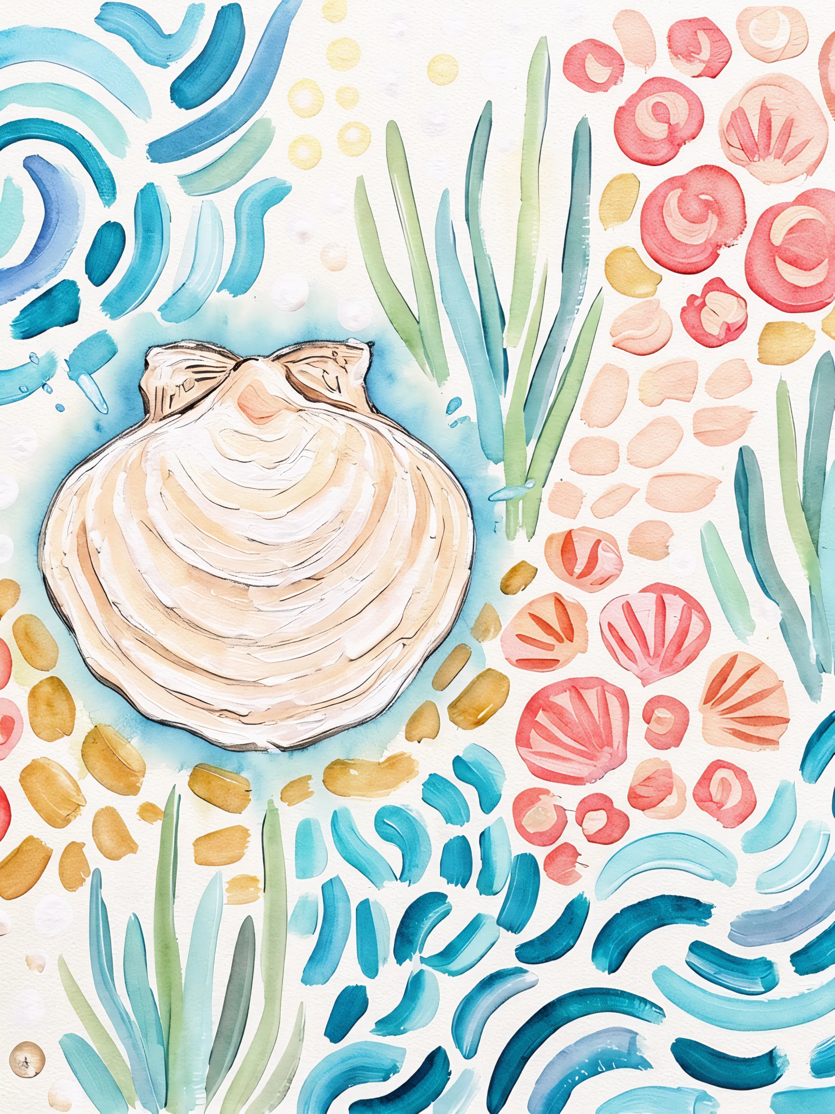 Vertical coastal shell watercolor wall art printable, soft ocean tones beach decor download