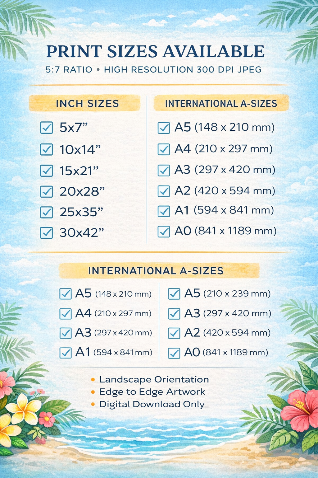 Print sizes available chart with beach-themed design