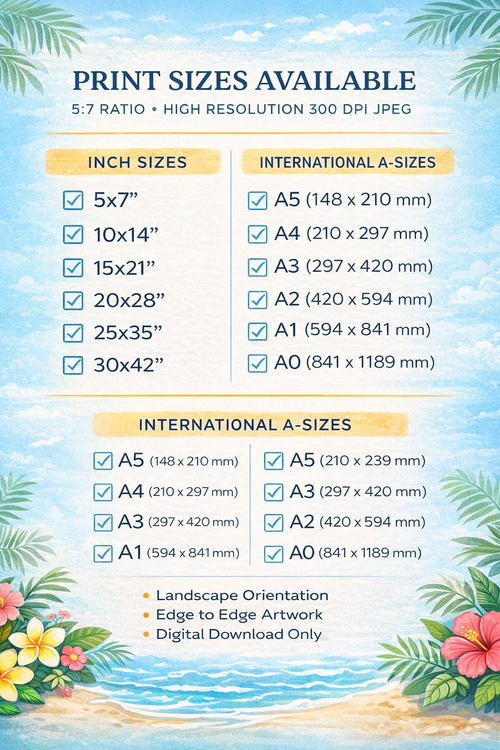 Print sizes available chart with beach-themed design