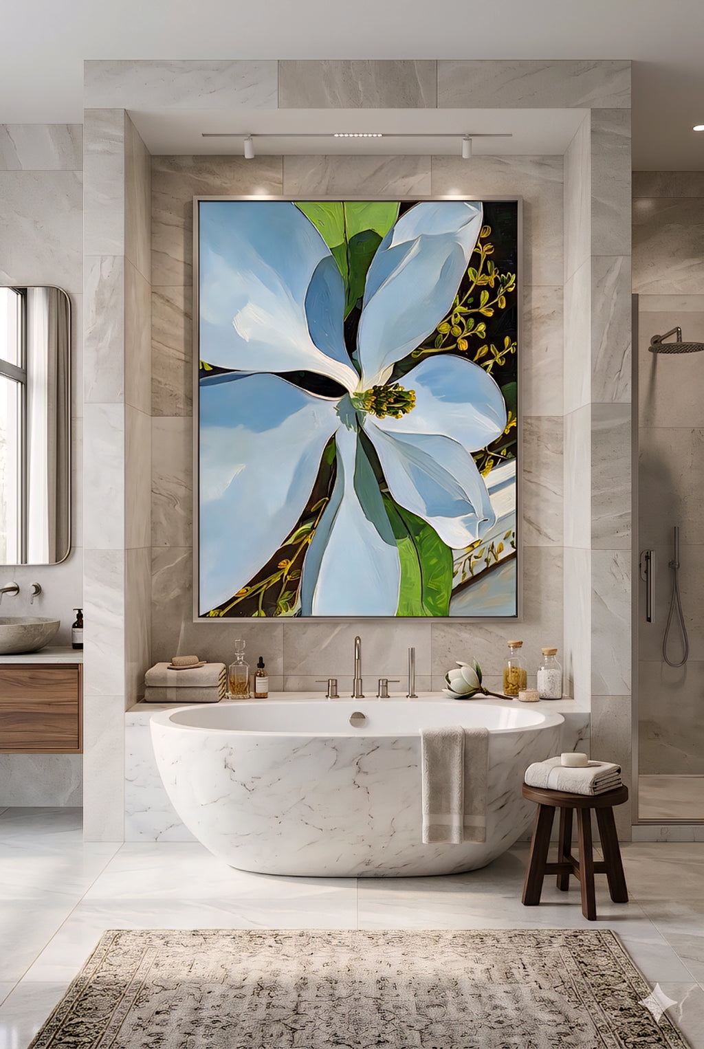 Magnolia wall art printable in luxury bathroom, large white floral artwork above freestanding tub, botanical digital download, spa-inspired decor with marble finishes, neutral tones and elegant styling