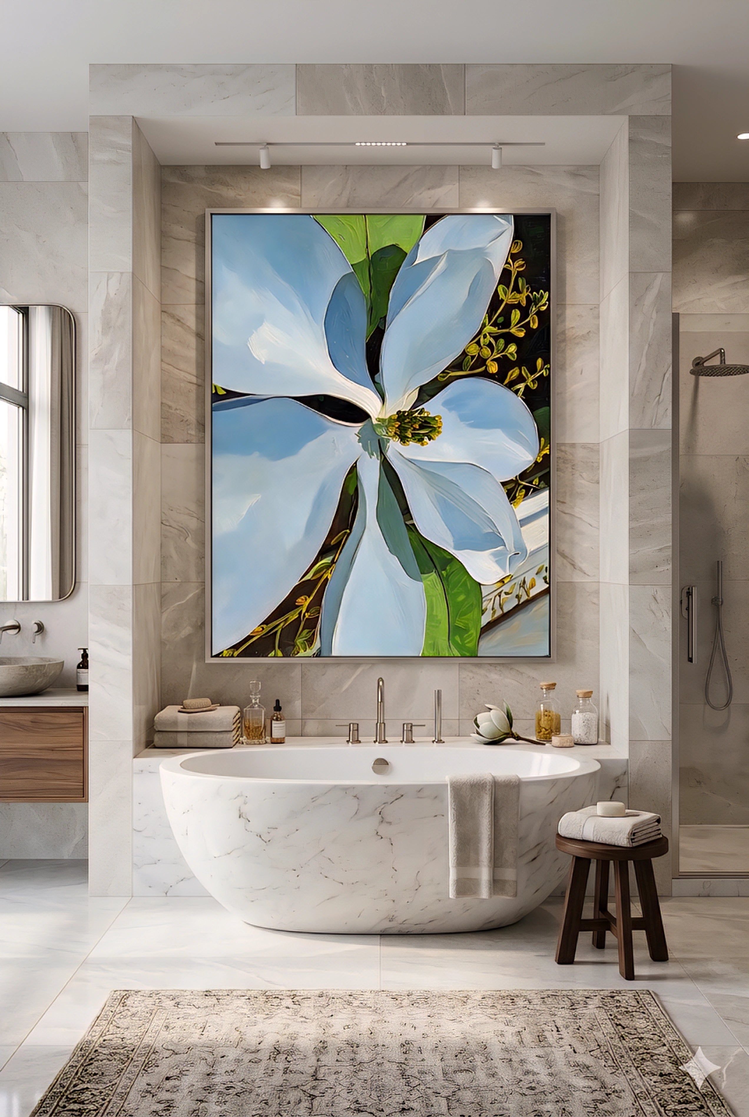 Magnolia wall art printable in luxury bathroom, large white floral artwork above freestanding tub, botanical digital download, spa-inspired decor with marble finishes, neutral tones and elegant styling