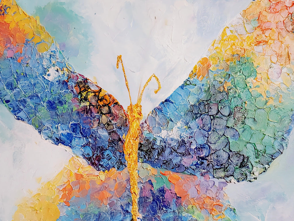 Close-up of colorful abstract horizontal butterfly painting with thick textured brushstrokes in blue, teal, orange, and gold, showcasing detailed impasto surface and vibrant modern artwork design