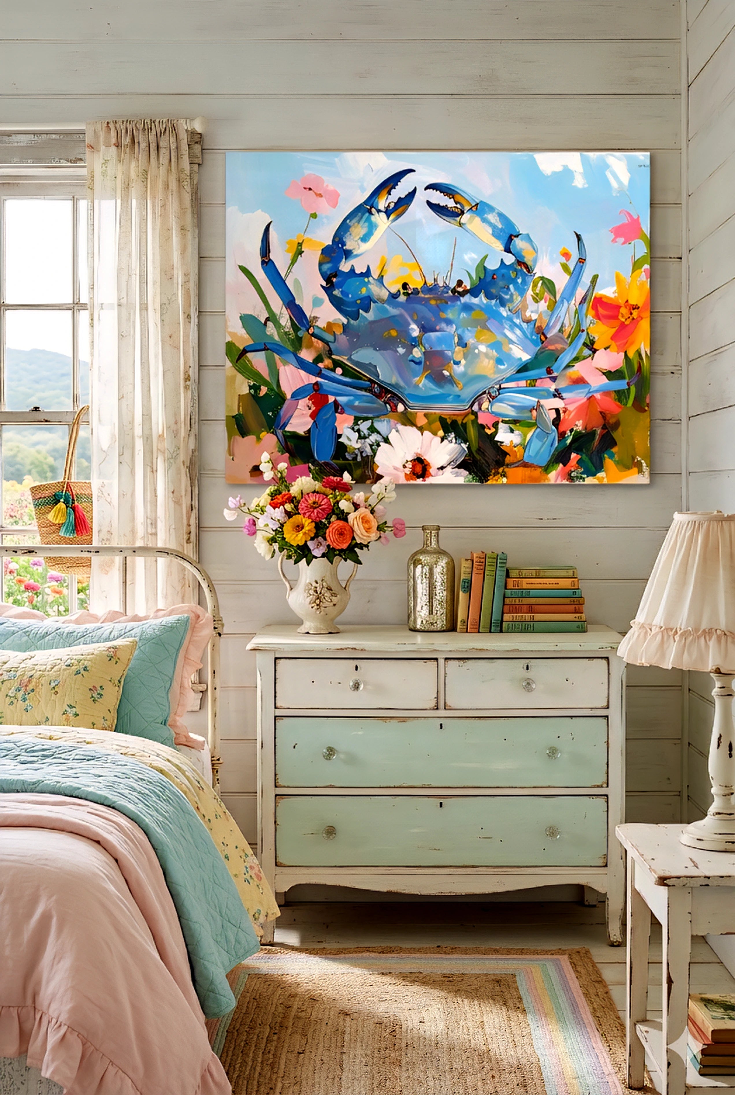 Blue crab coastal wall art above a pastel dresser in a bright beach cottage bedroom with floral decor, soft linens, and light wood accents