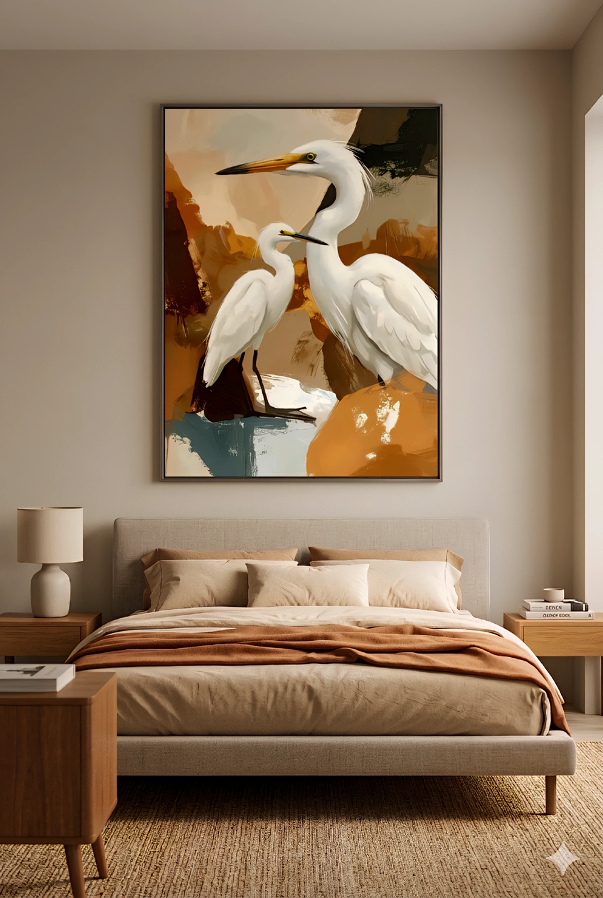Savvy Places coastal bird wall art featuring white herons styled above a bed in a warm neutral modern bedroom.