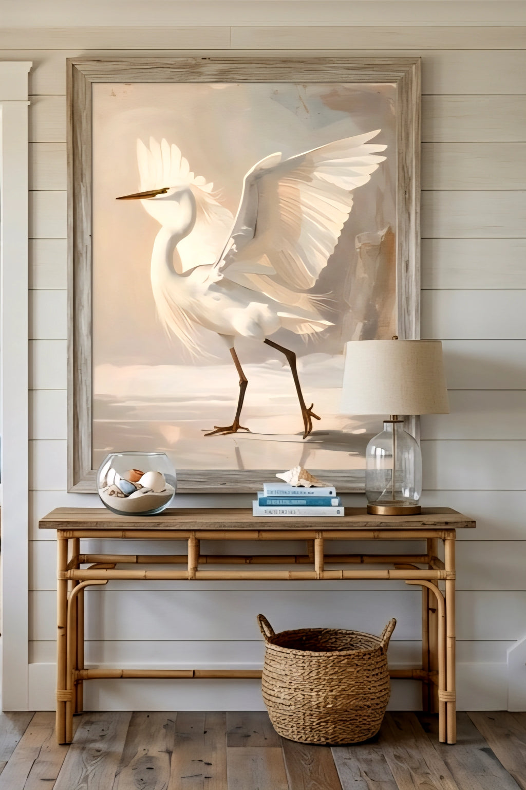 Warm neutral egret digital print in foyer