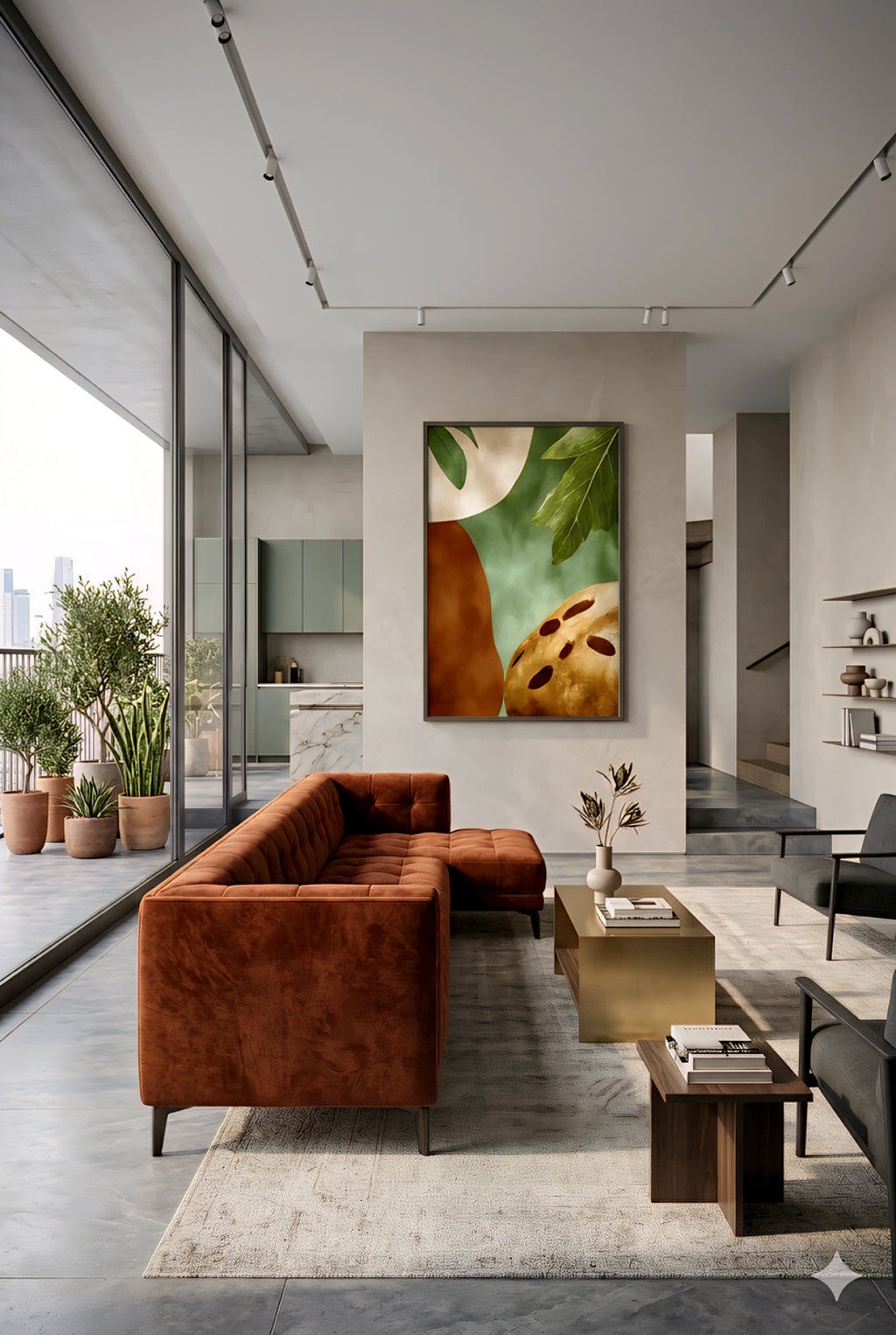 Large earth tone abstract botanical wall art with green leaves and terracotta shapes displayed in a modern living room, oversized vertical framed print above rust velvet sofa with neutral palette, concrete textures and minimalist decor for upscale contemporary decorinspo