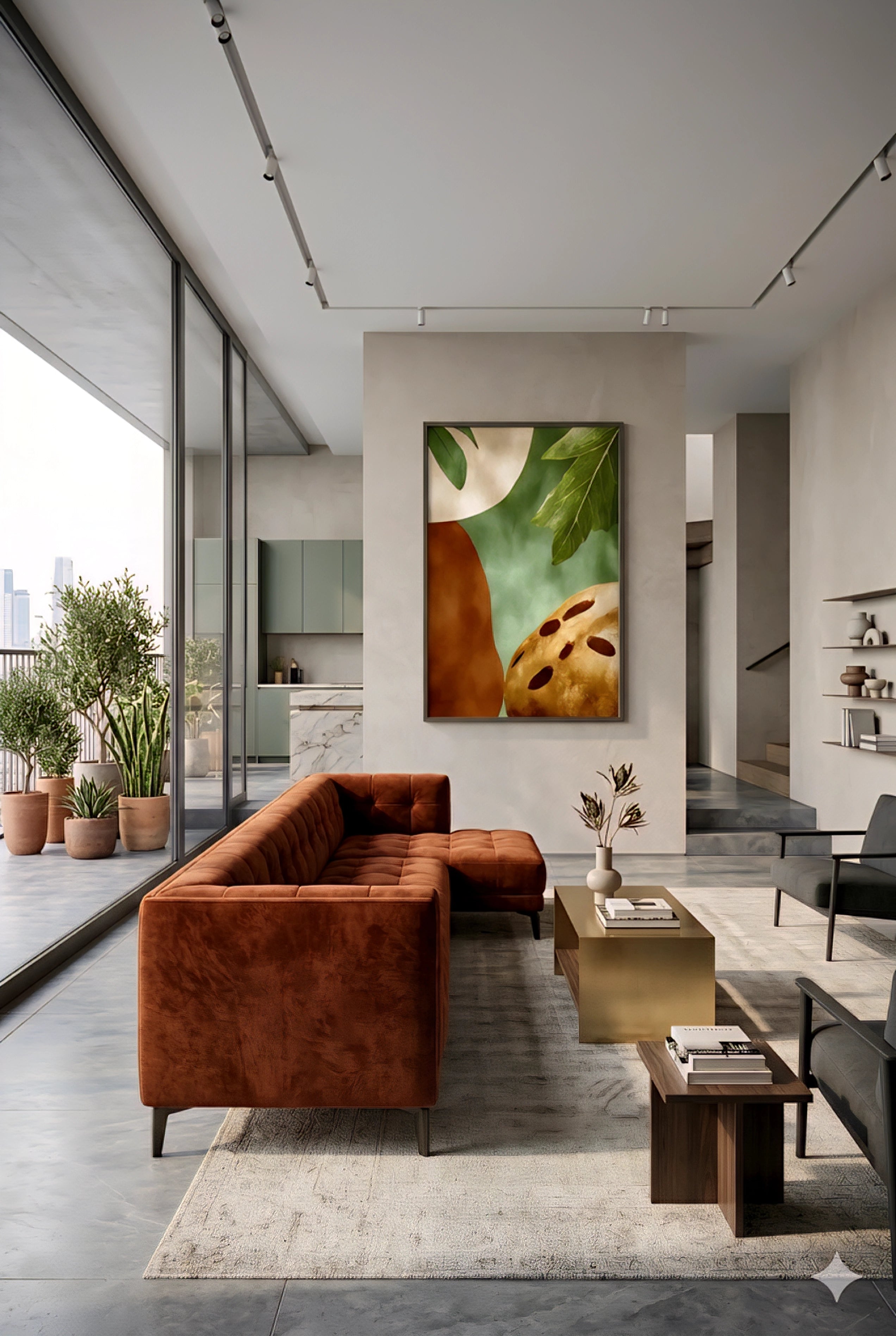 Large earth tone abstract botanical wall art with green leaves and terracotta shapes displayed in a modern living room, oversized vertical framed print above rust velvet sofa with neutral palette, concrete textures and minimalist decor for upscale contemporary decorinspo