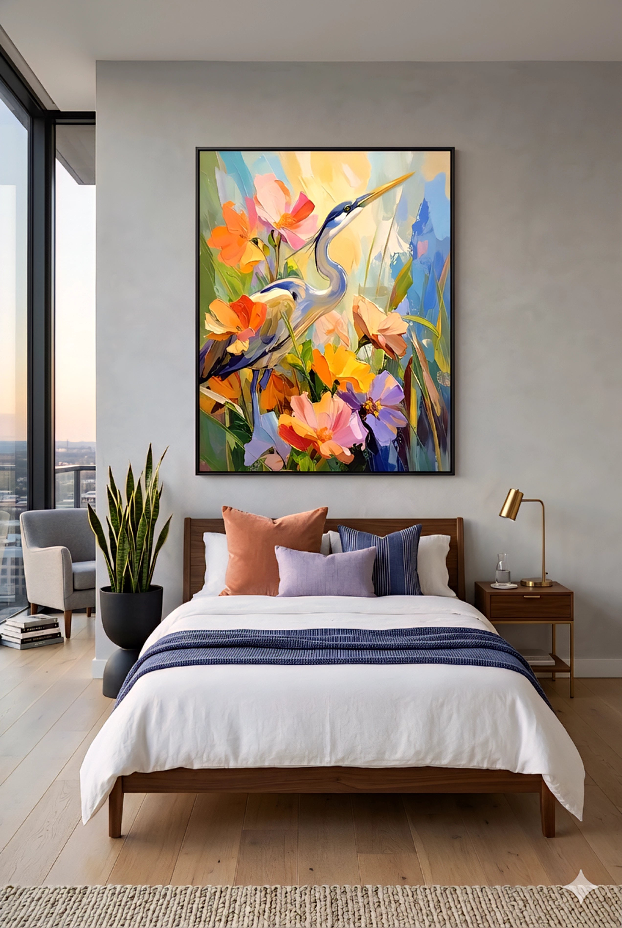 Large colorful heron floral wall art above bed in modern bedroom with neutral tones and wood furniture, vibrant bird painting print adding bold color and designer style to minimalist bedroom decor