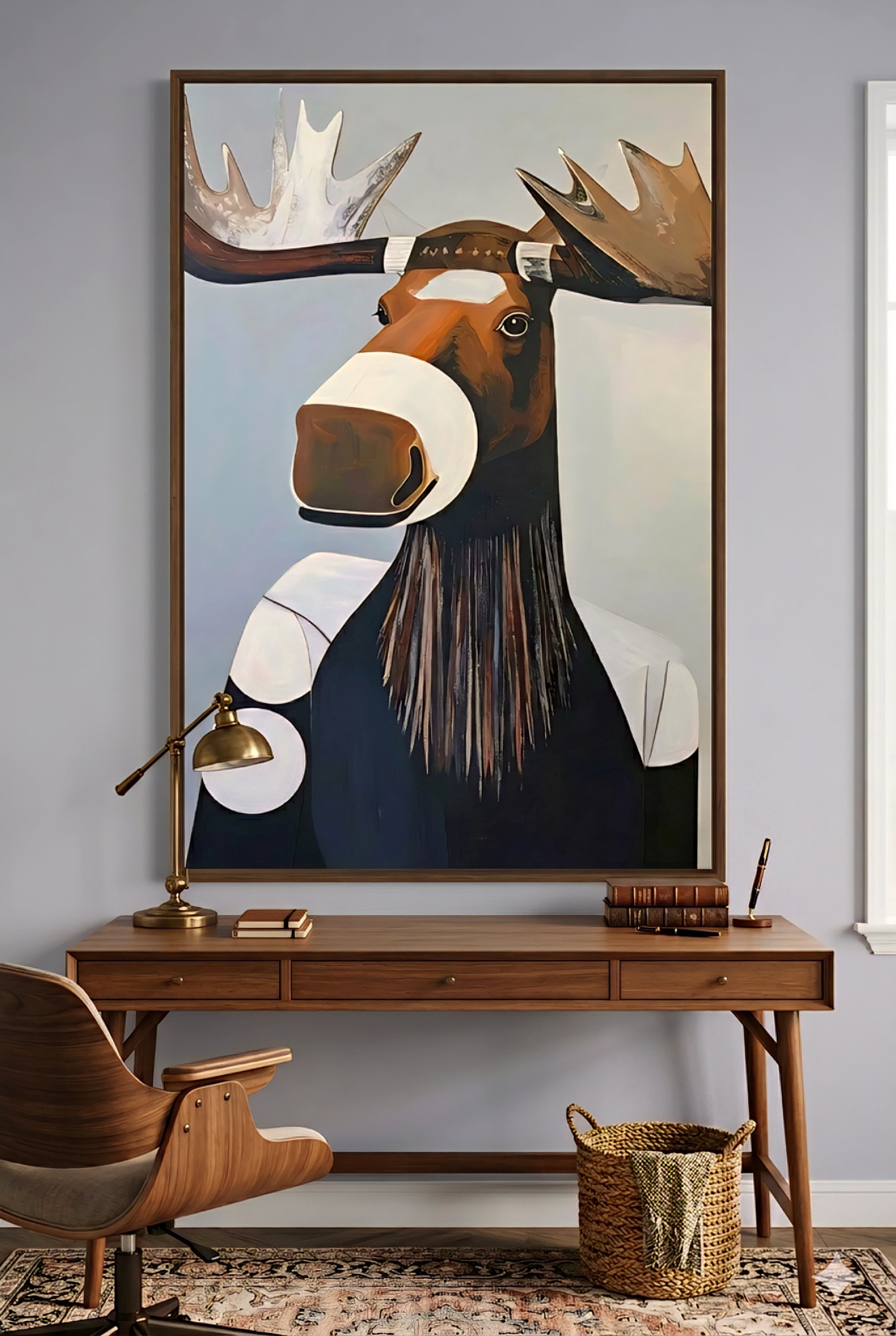 Midcentury modern home office with large moose wall art above wood desk, warm neutral tones with stylish masculine decor and natural textures