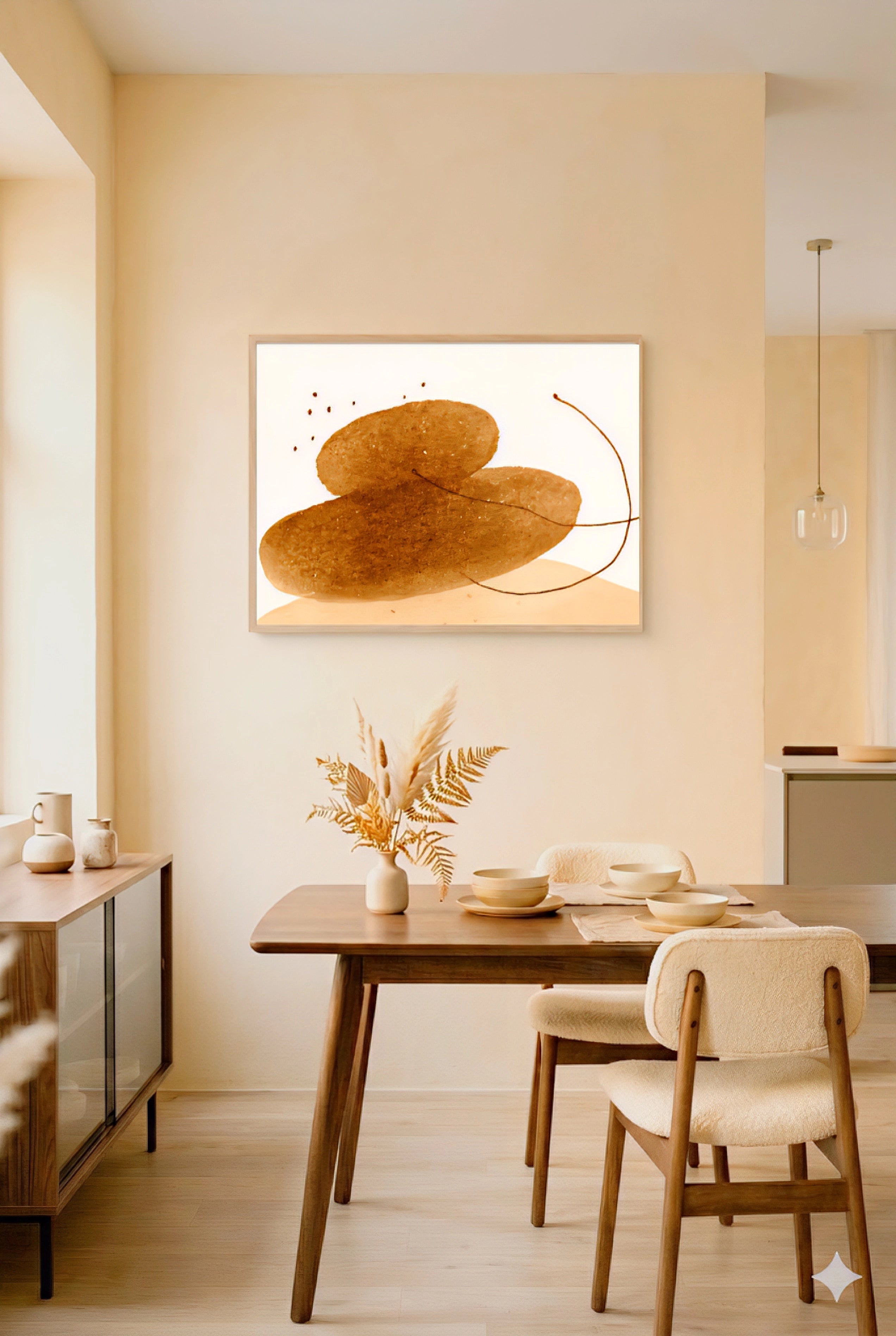Neutral abstract wall art printable above dining table in warm minimalist dining room with light wood furniture and soft beige tones