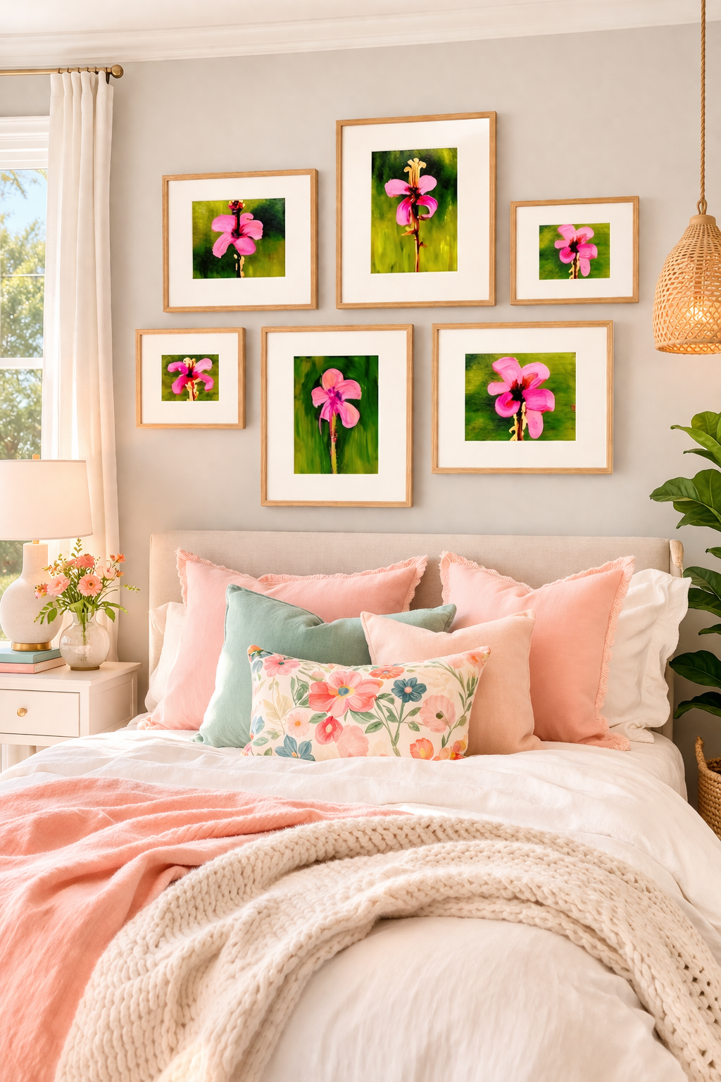 Pink floral printable gallery wall above bed in cozy feminine bedroom, blush and sage pillows, light oak frames, DIY wall art download, affordable oversized decorinspo
