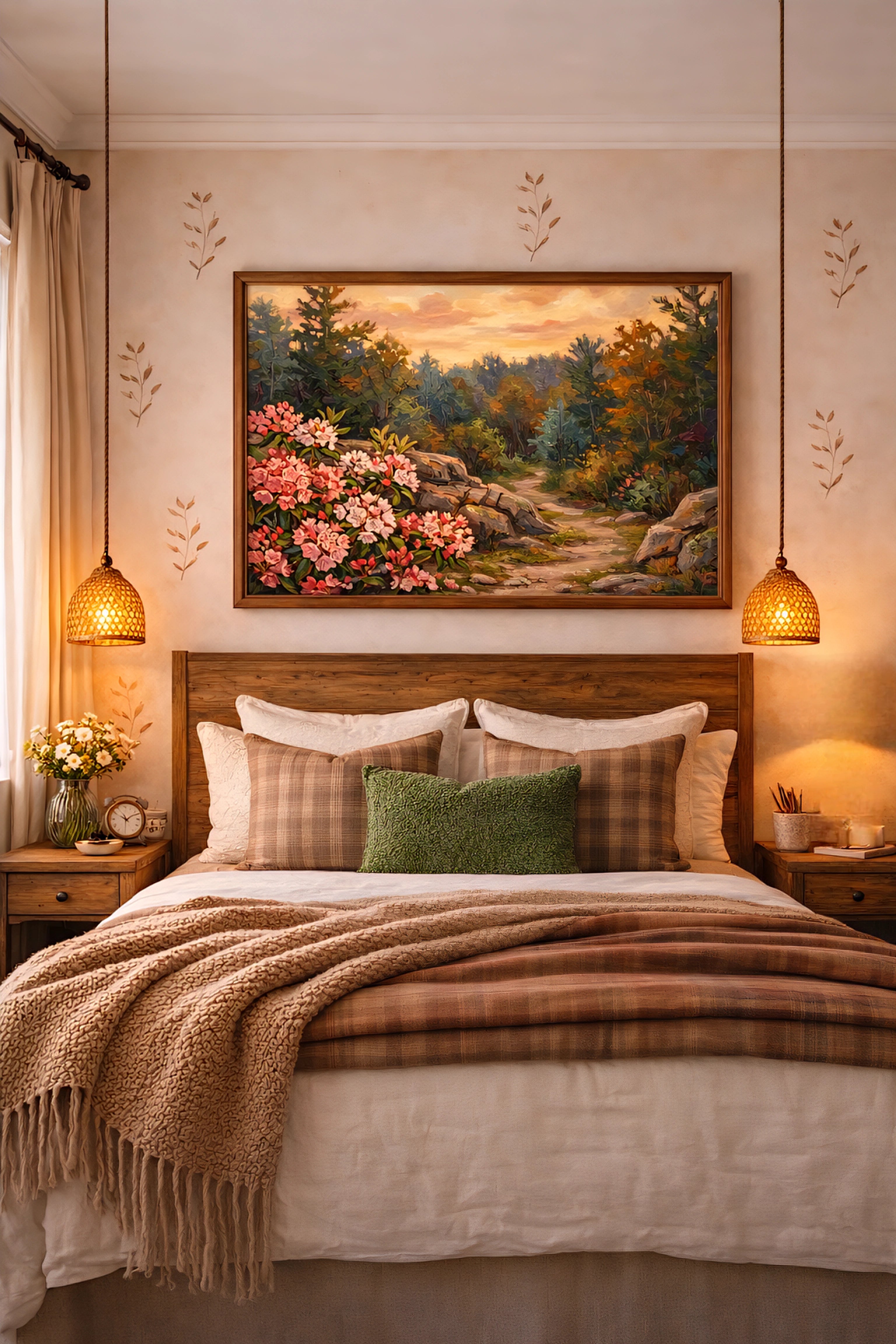 Floral landscape wall art printable above bed in cozy bedroom, colorful nature painting digital download for warm inviting decor