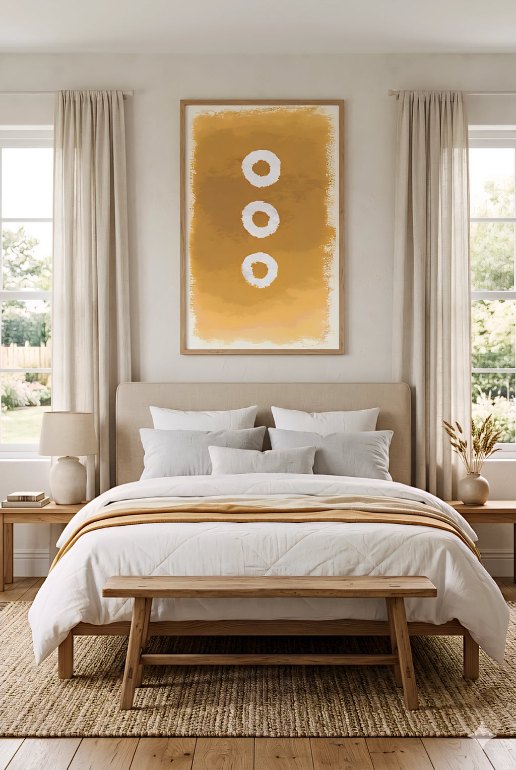 Large abstract wall art printable in warm golden earth tones with three circular shapes, displayed above a neutral bed in a modern minimalist bedroom, oversized 9:16 vertical wall decor