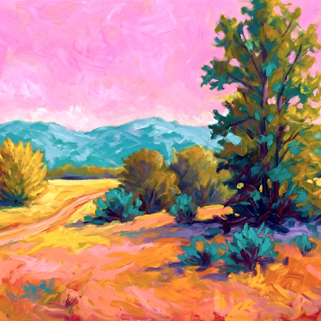 Colorful landscape painting with trees and a path square digital download 