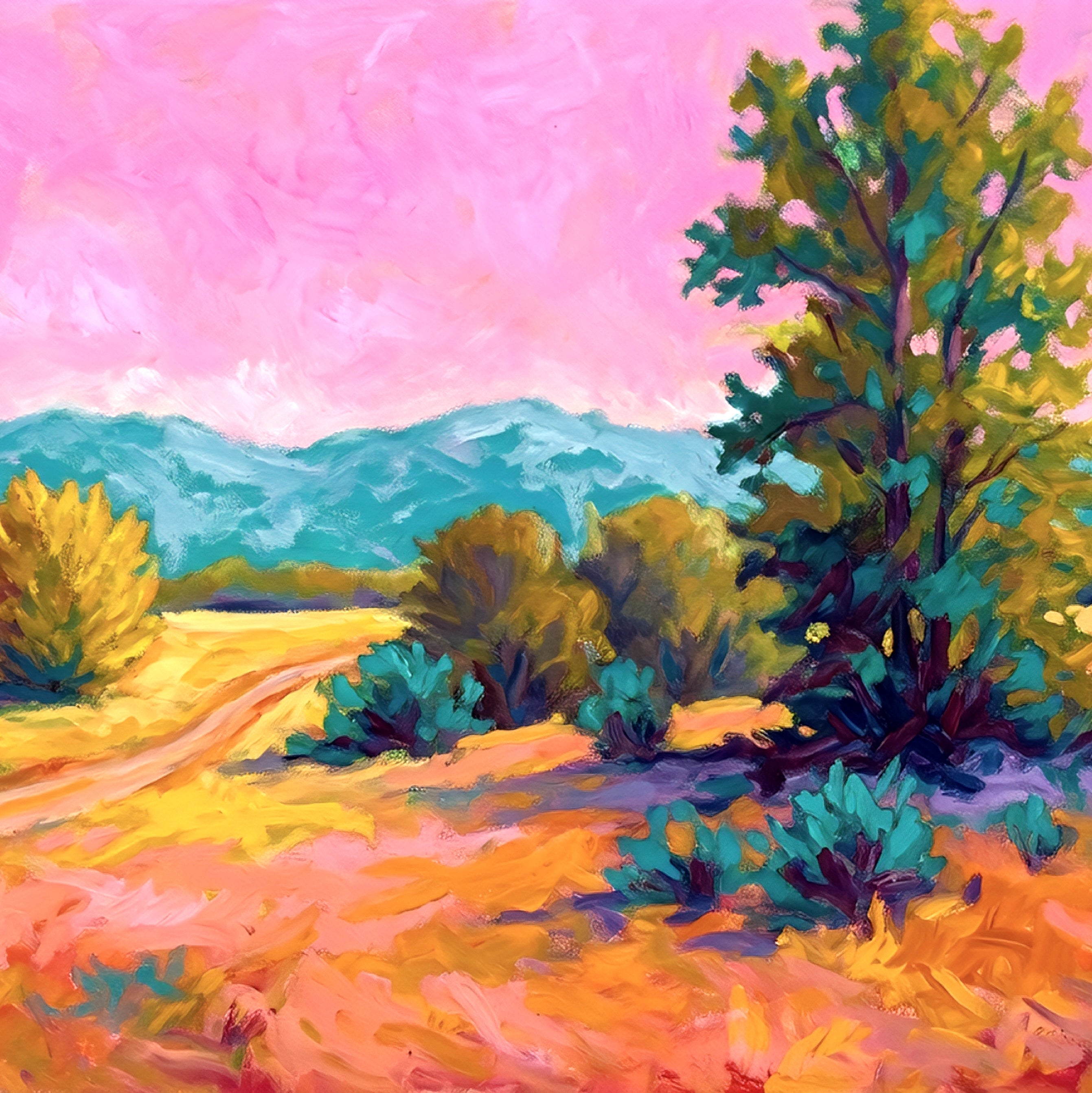 Colorful landscape painting with trees and a path square digital download 