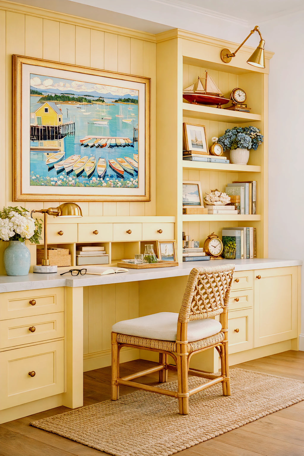 Coastal harbor printable wall art digital download in yellow home office with built in desk and beach house decor