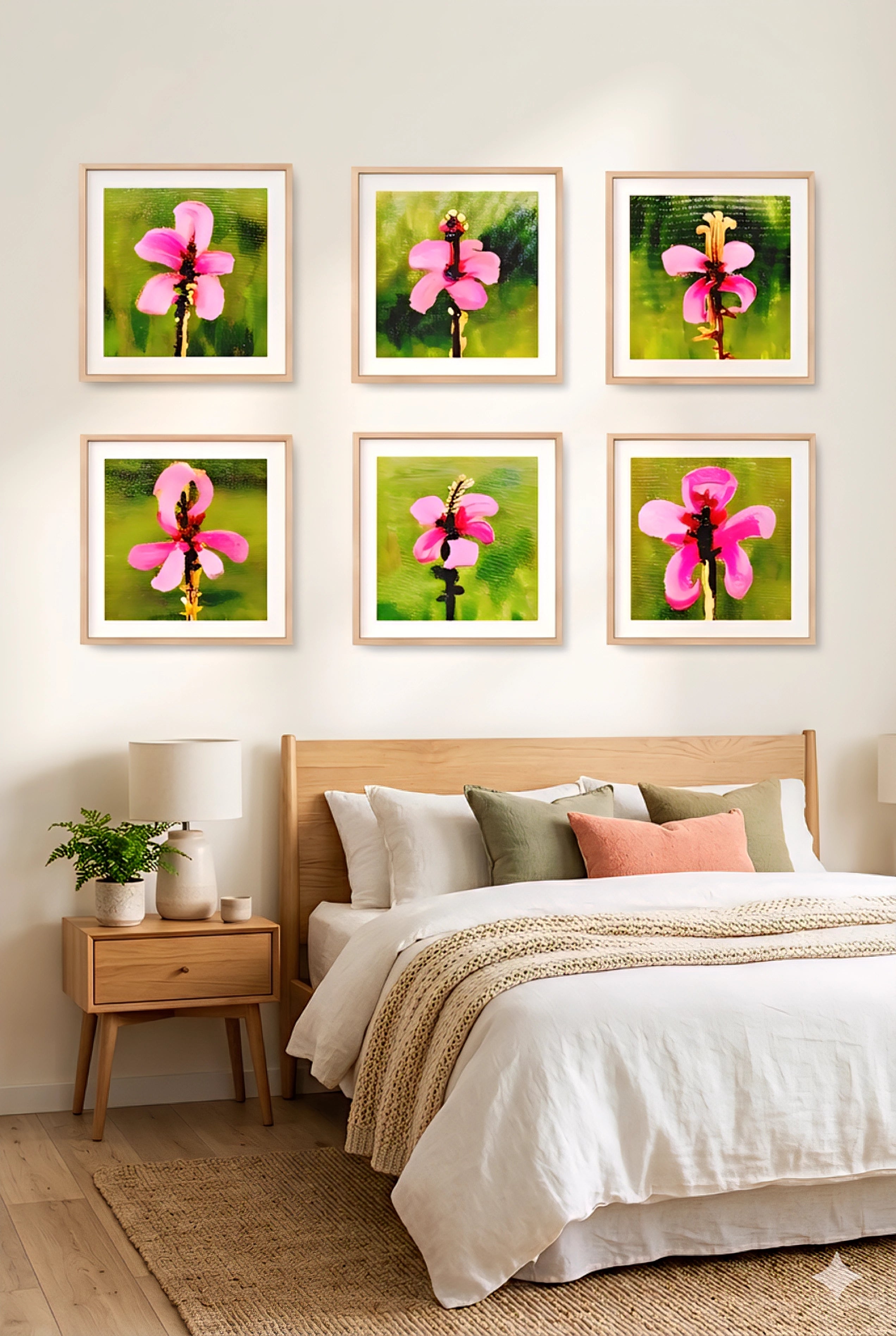Square pink floral wall art set of 6 above bed in modern bedroom, botanical gallery wall decorinspo, green abstract flower prints digital download 10x10