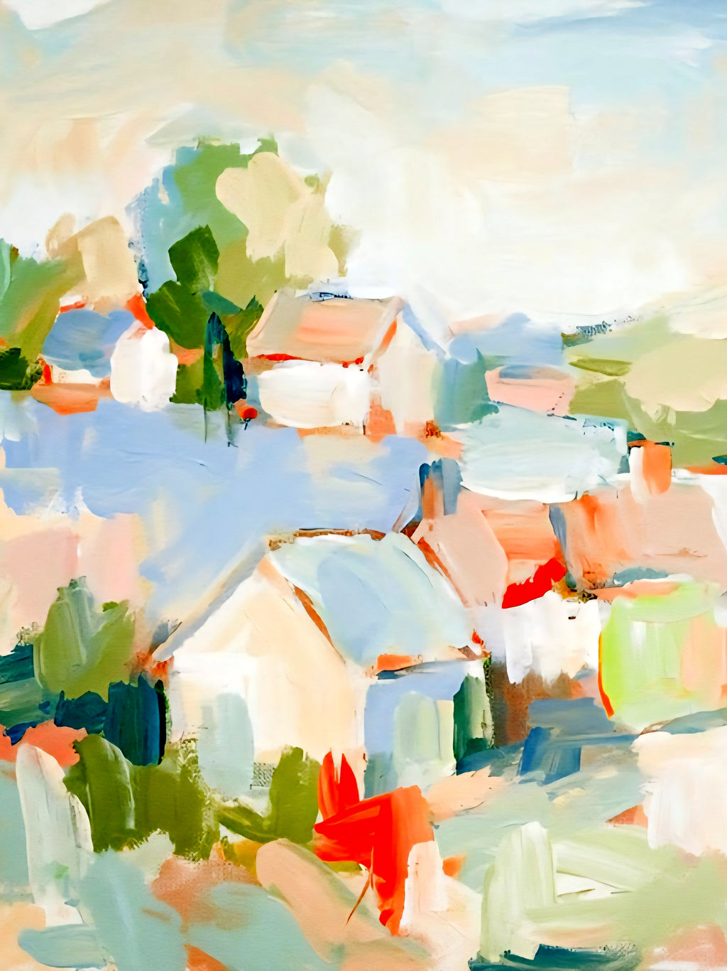 Abstract coastal village painting in soft pastel tones with loosely painted homes and greenery, modern impressionist landscape artwork digital download in vertical format for large wall art printing.