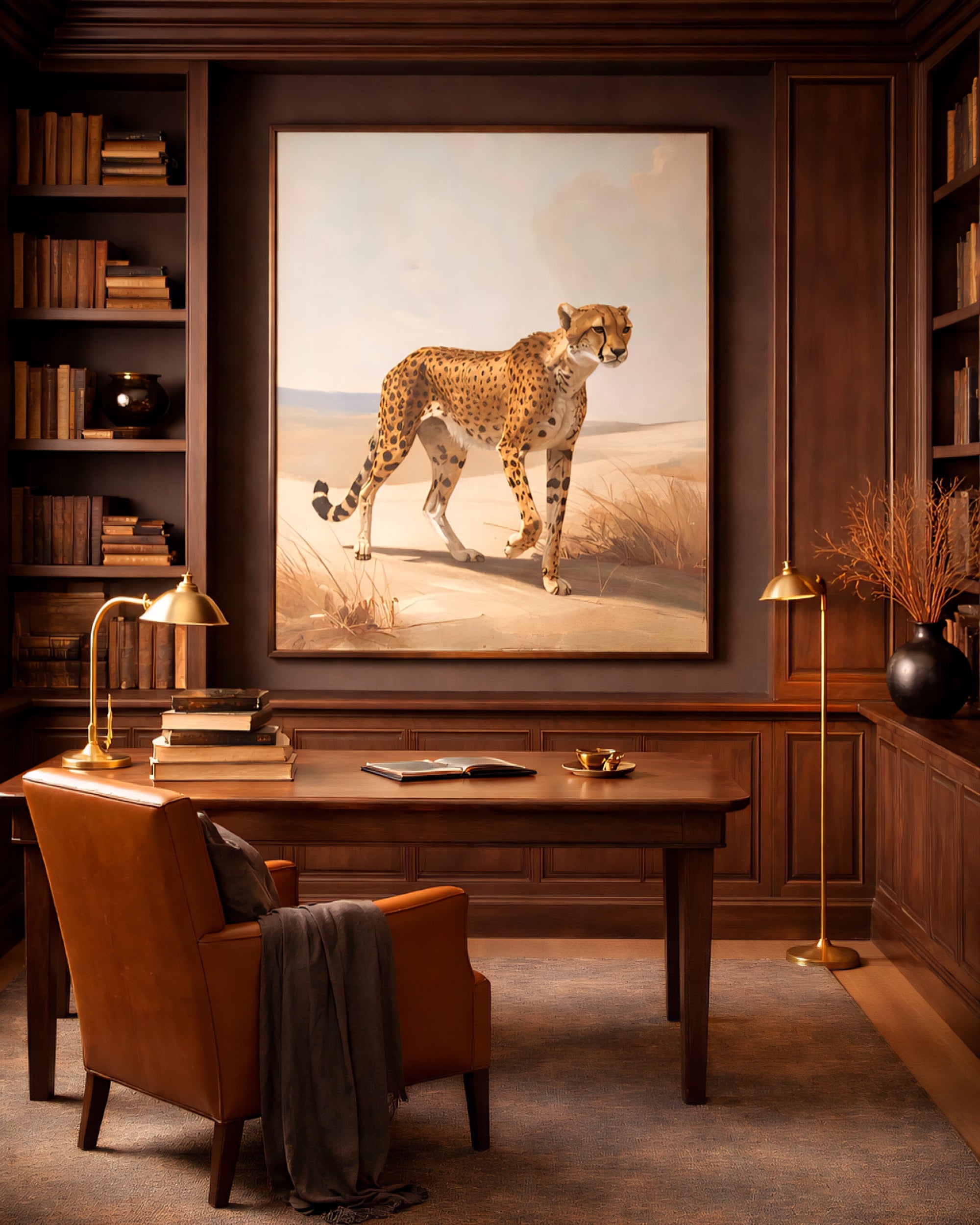 Neutral wildlife wall art printable cheetah digital download displayed as oversized wall decor in modern study