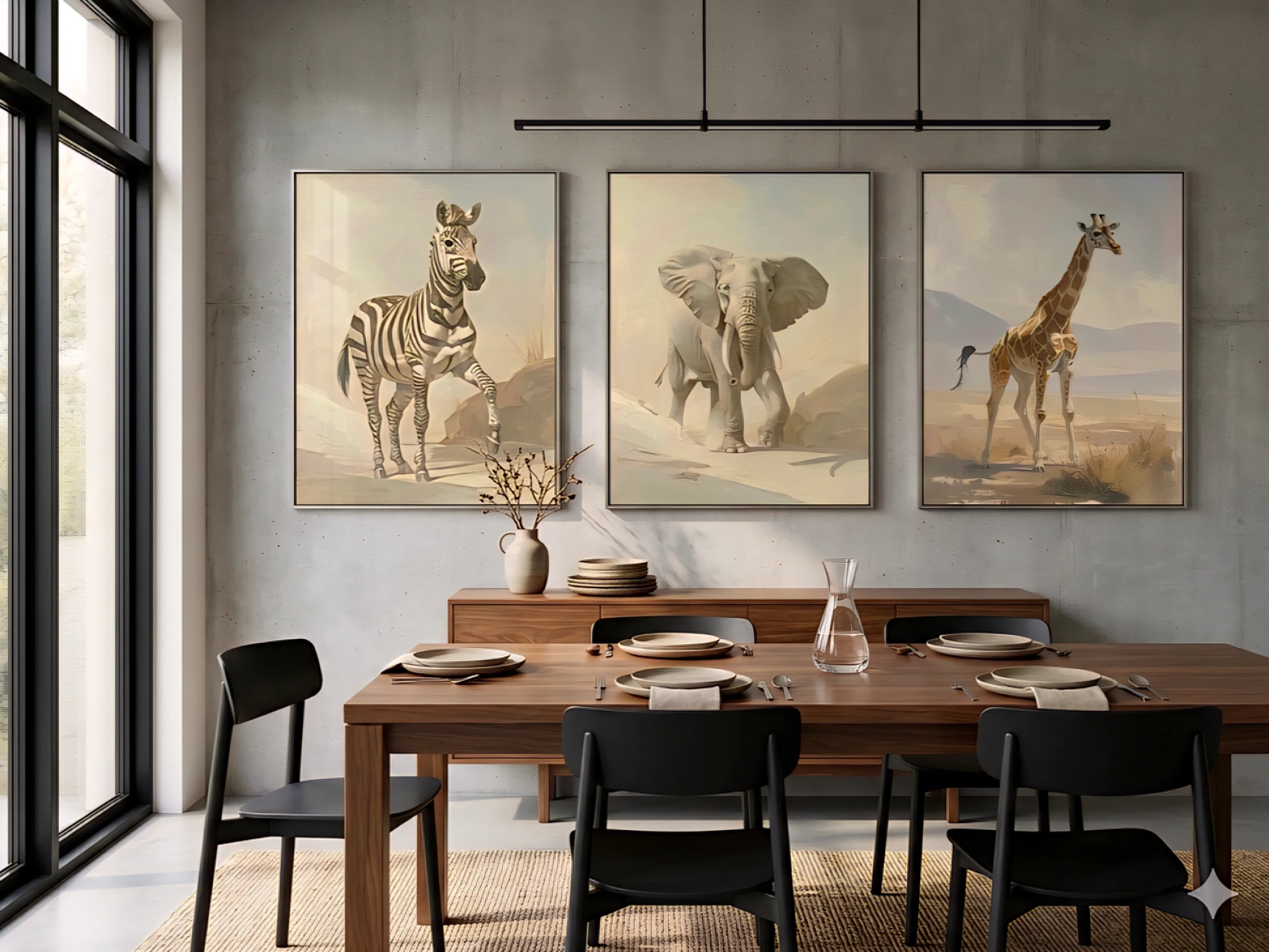 Dining room with a wooden table and chairs, featuring three framed downloaded  animal prints on the wall.