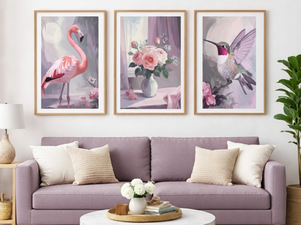Blush bird gallery wall with flamingo, roses, and hummingbird above mauve sofa..