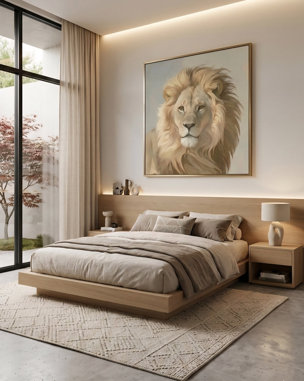 Lion wall art printable displayed in elegant  bedroom interior, neutral safari animal digital download wall decor printable up to 60 inches.