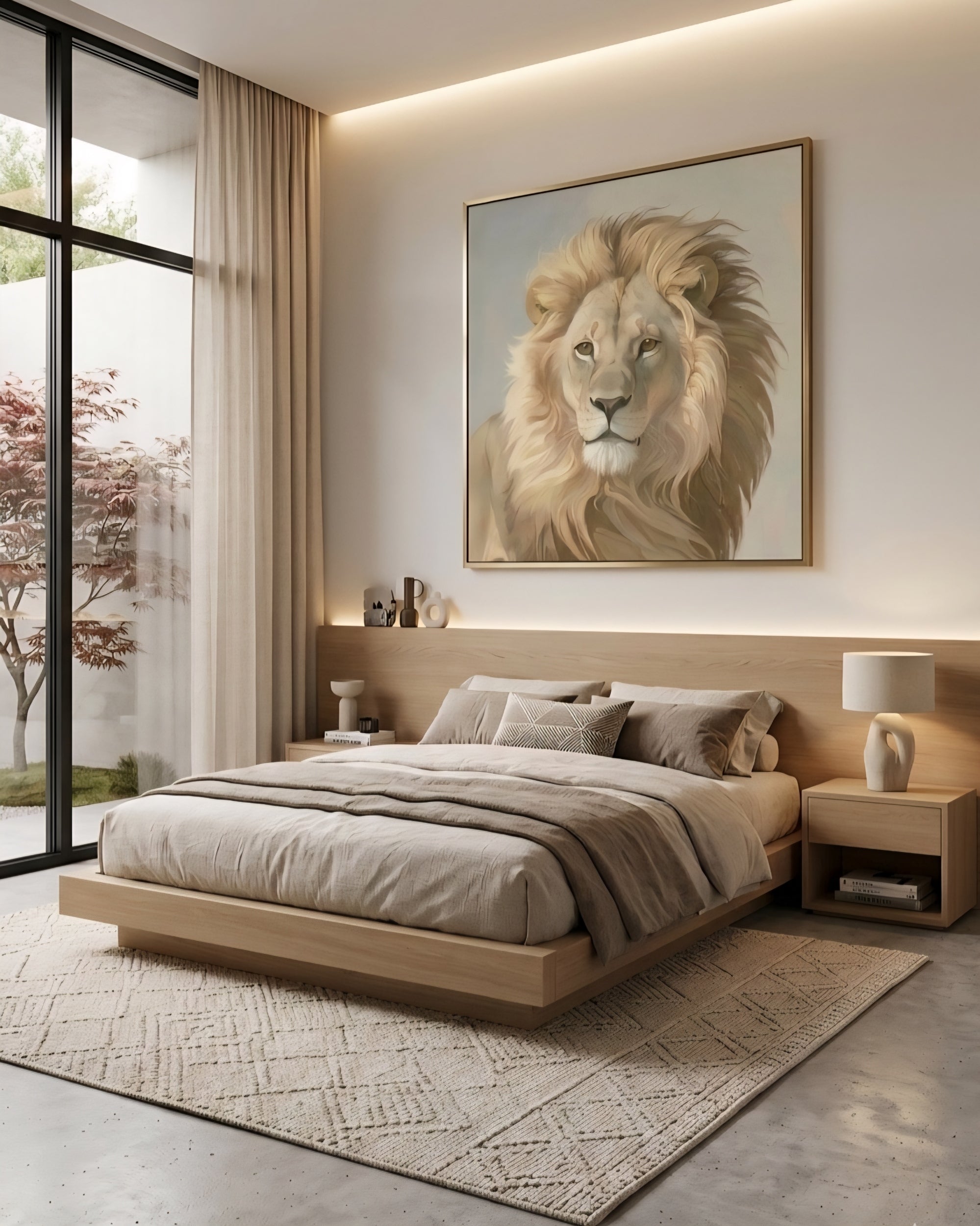 Lion wall art printable displayed in elegant  bedroom interior, neutral safari animal digital download wall decor printable up to 60 inches.