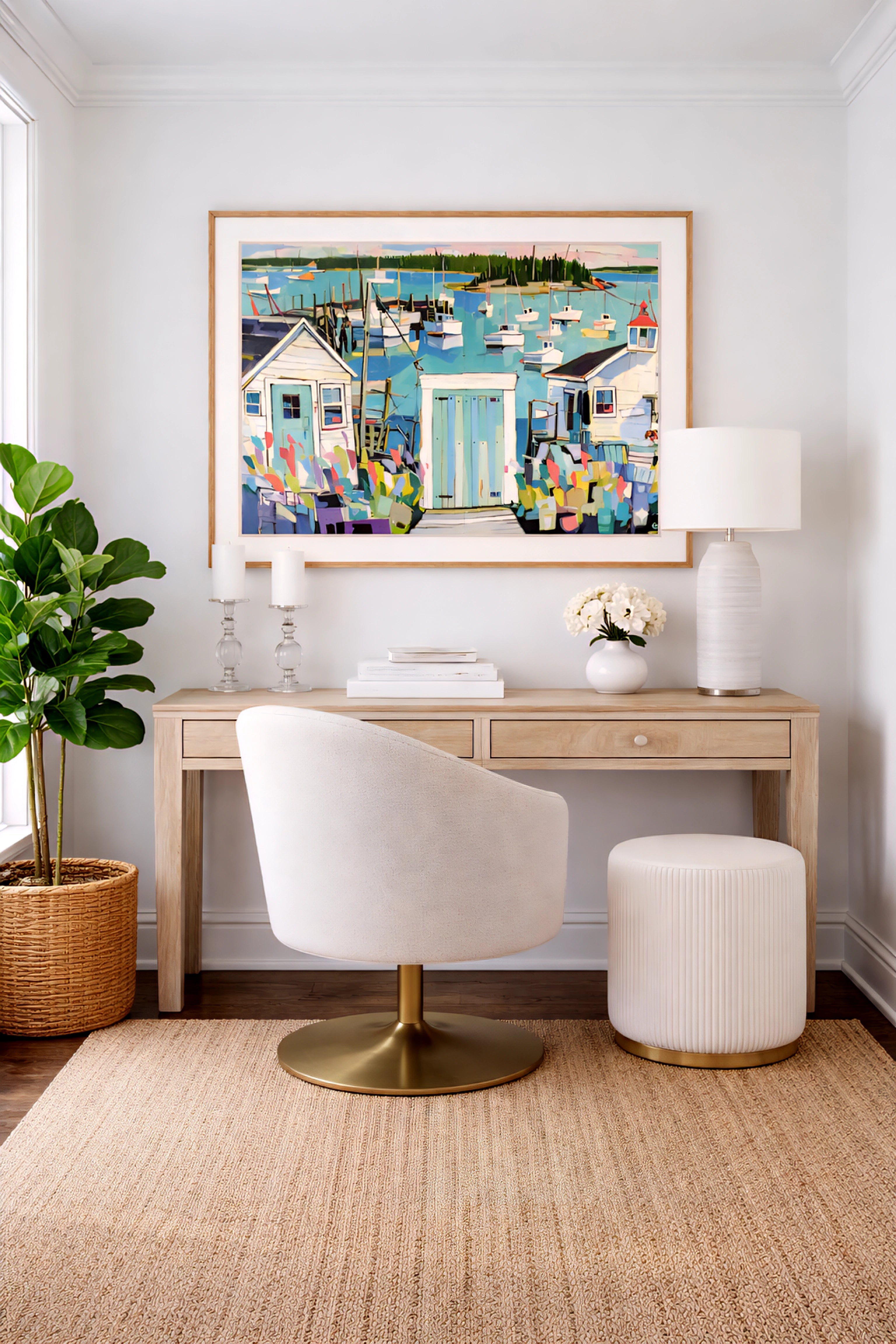 Coastal harbor wall art printable above desk in neutral home office with wood furniture and soft decor, colorful nautical boats painting horizontal beach house decor
