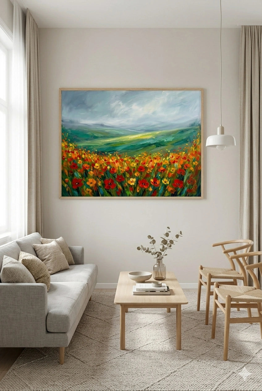 Stormy poppy field wall art above sofa in neutral living room, colorful landscape printable decor
