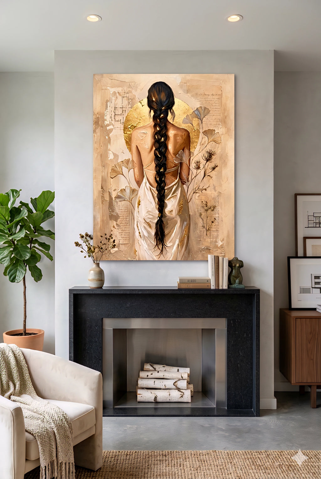 Neutral boho wall art of a woman with a long braid and gold accents displayed above a modern fireplace with soft beige decor, natural textures, and minimalist styling