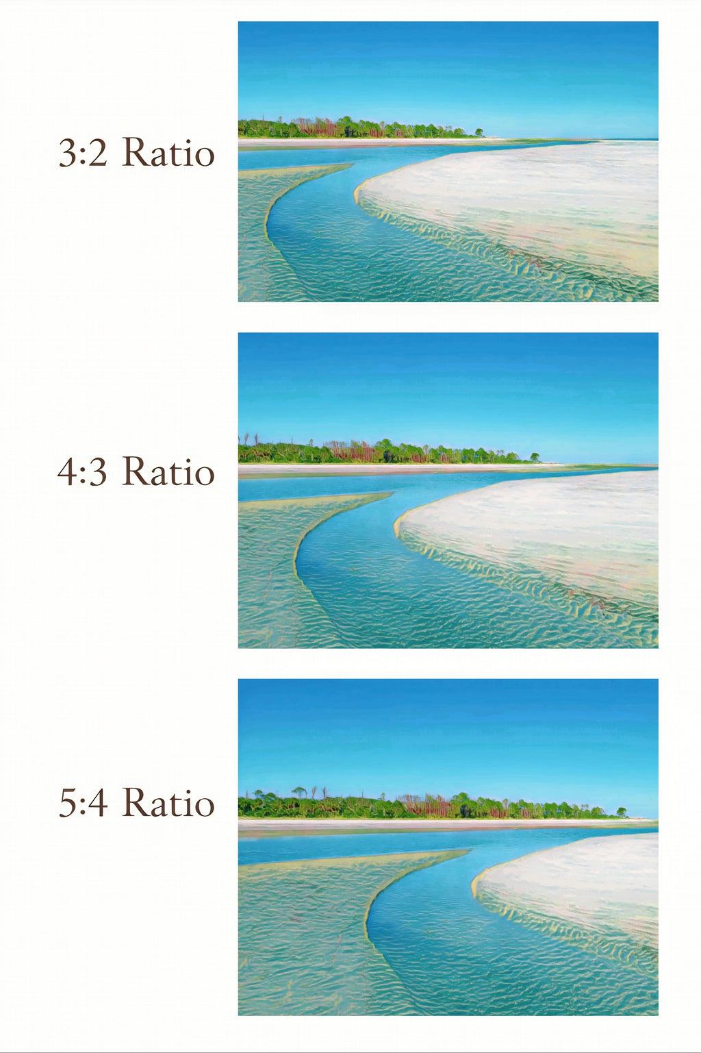 Three images of a curved waterway with different aspect ratios displayed side by side.