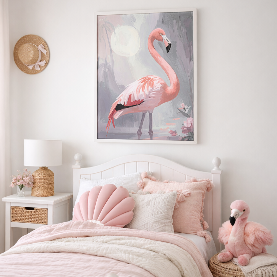 Soft pink flamingo wall art above white bed in airy blush kids bedroom with coastal accents.