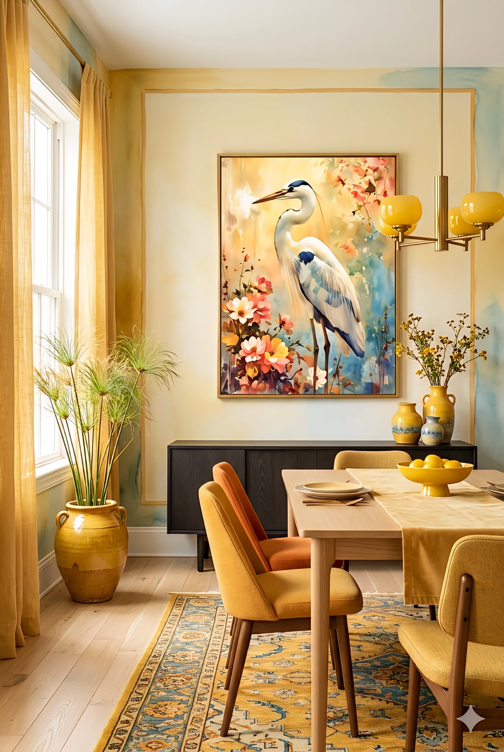 Great blue heron wall art print displayed in a warm dining room with mustard tones, mid century furniture, and layered textures, featuring a vibrant floral watercolor bird artwork that adds color and sophistication, perfect oversized statement art for dining room decor, modern traditional and retro inspired interiors, digital download printable in multiple ratios for flexible wall styling