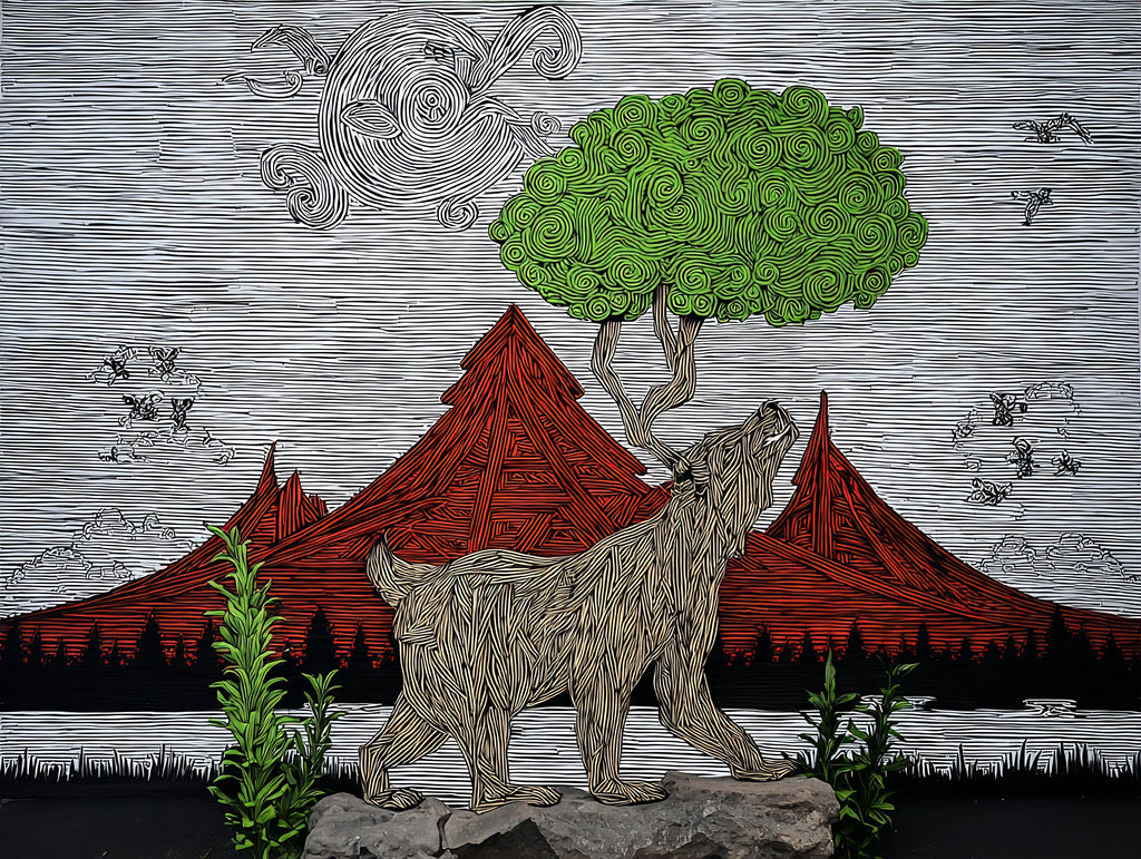 Woodcut-style bear digital print walking beneath green tree with red mountains landscape