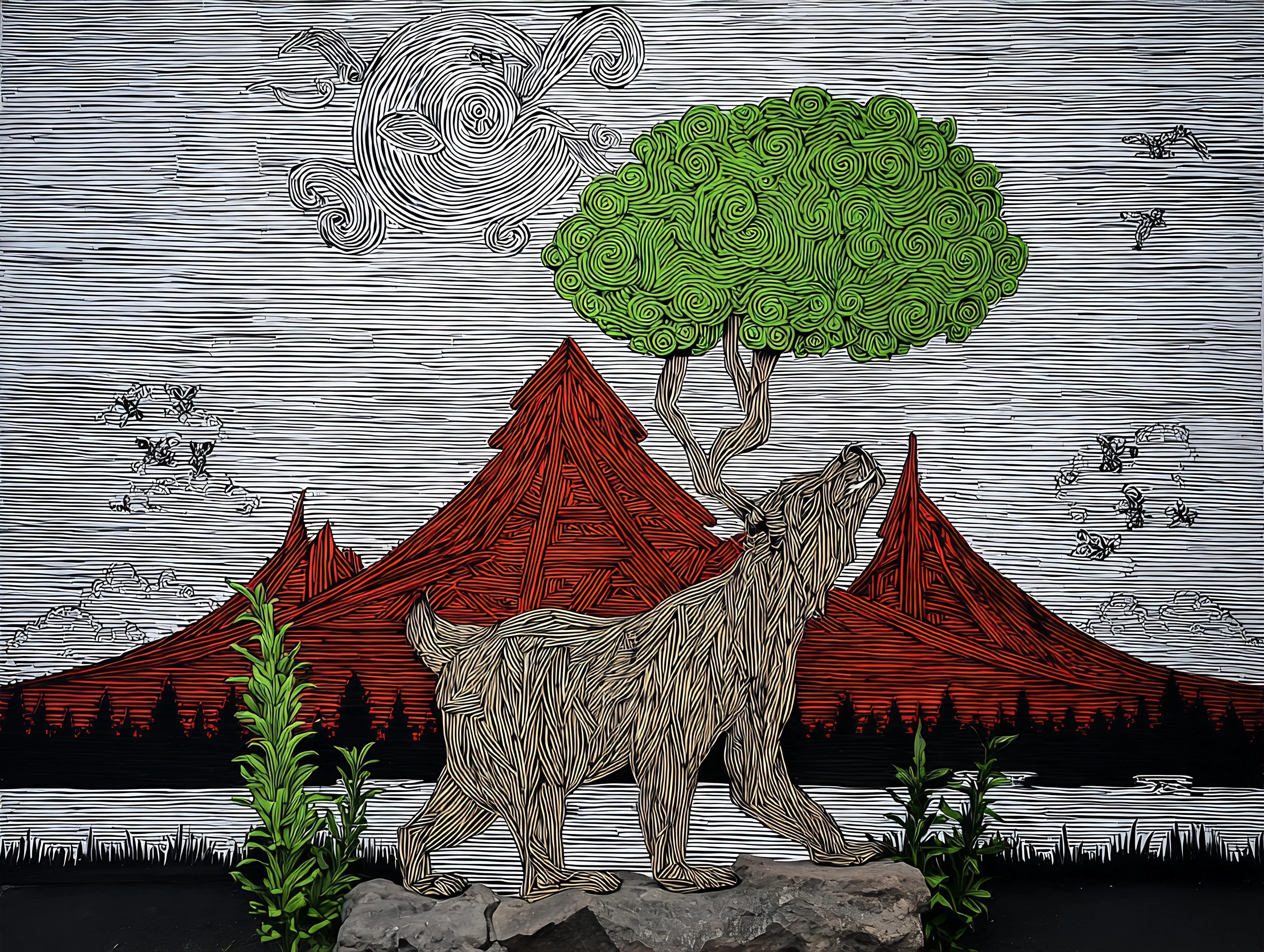 Woodcut-style bear digital print walking beneath green tree with red mountains landscape