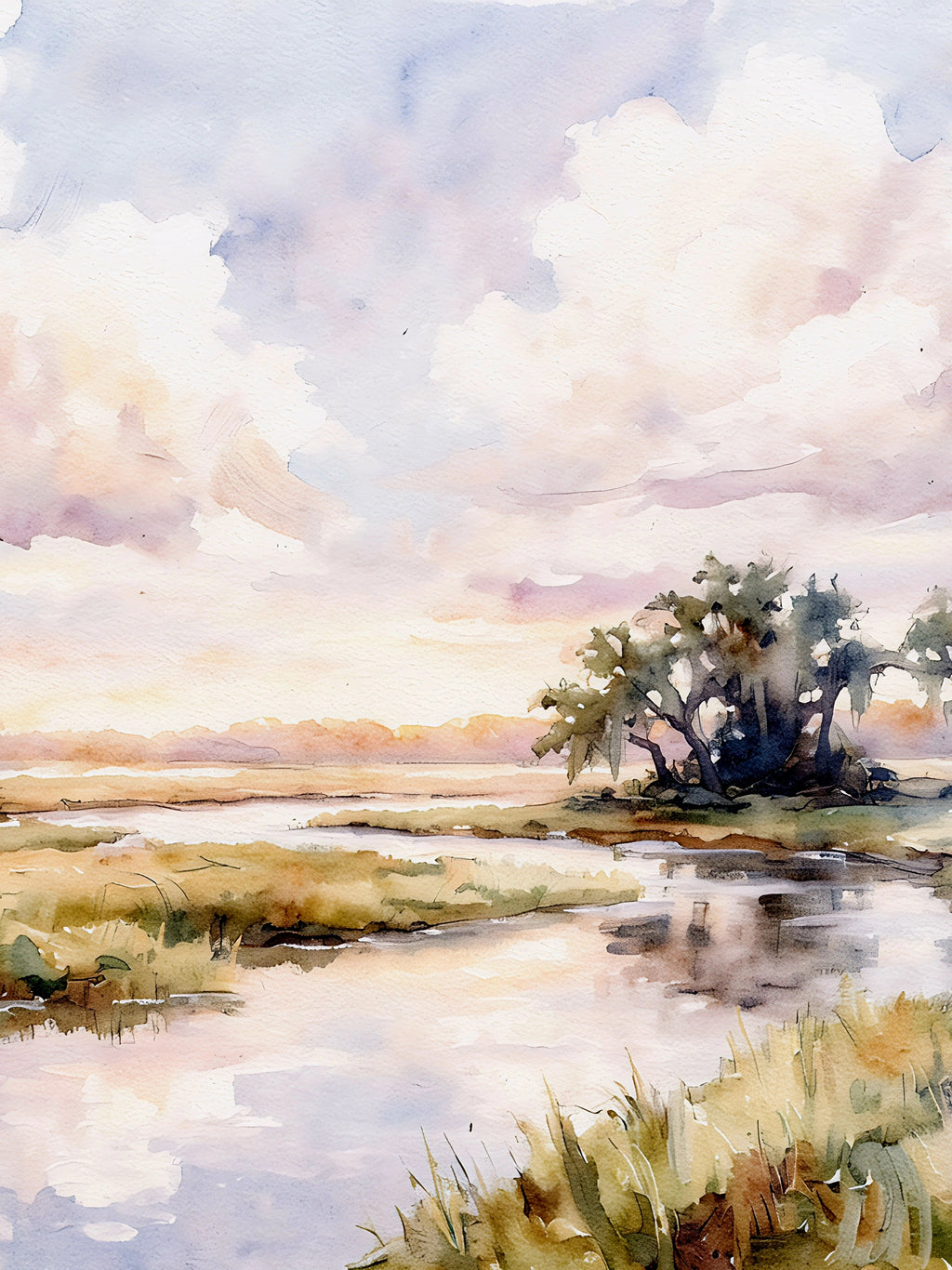 Vertical watercolor coastal marsh landscape with winding creek, soft pastel sky, and grassy shoreline, digital wall art download.
