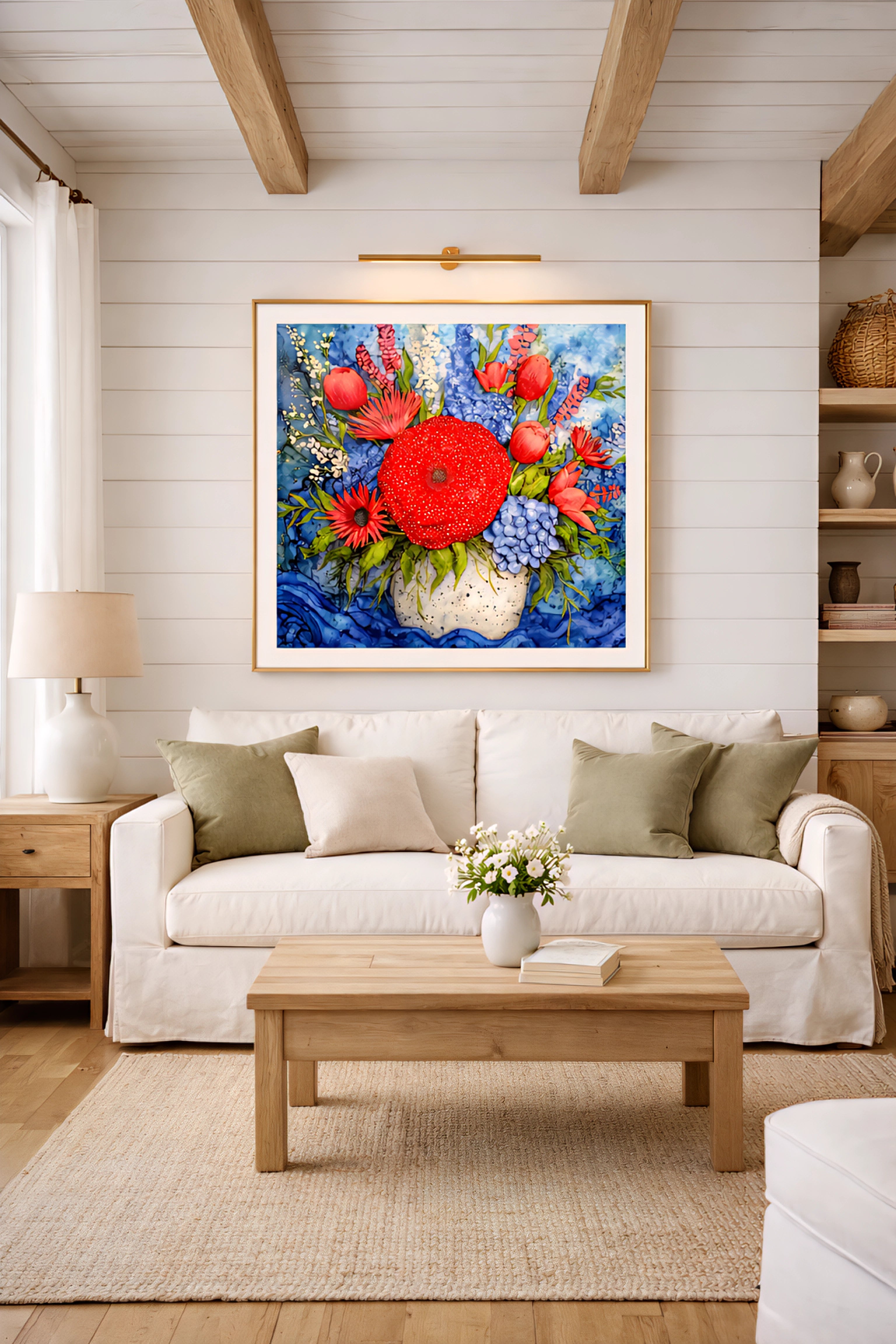 Colorful floral wall art digital download, bold red flower bouquet painting in cozy cottage living room, square printable artwork in 3 orientations